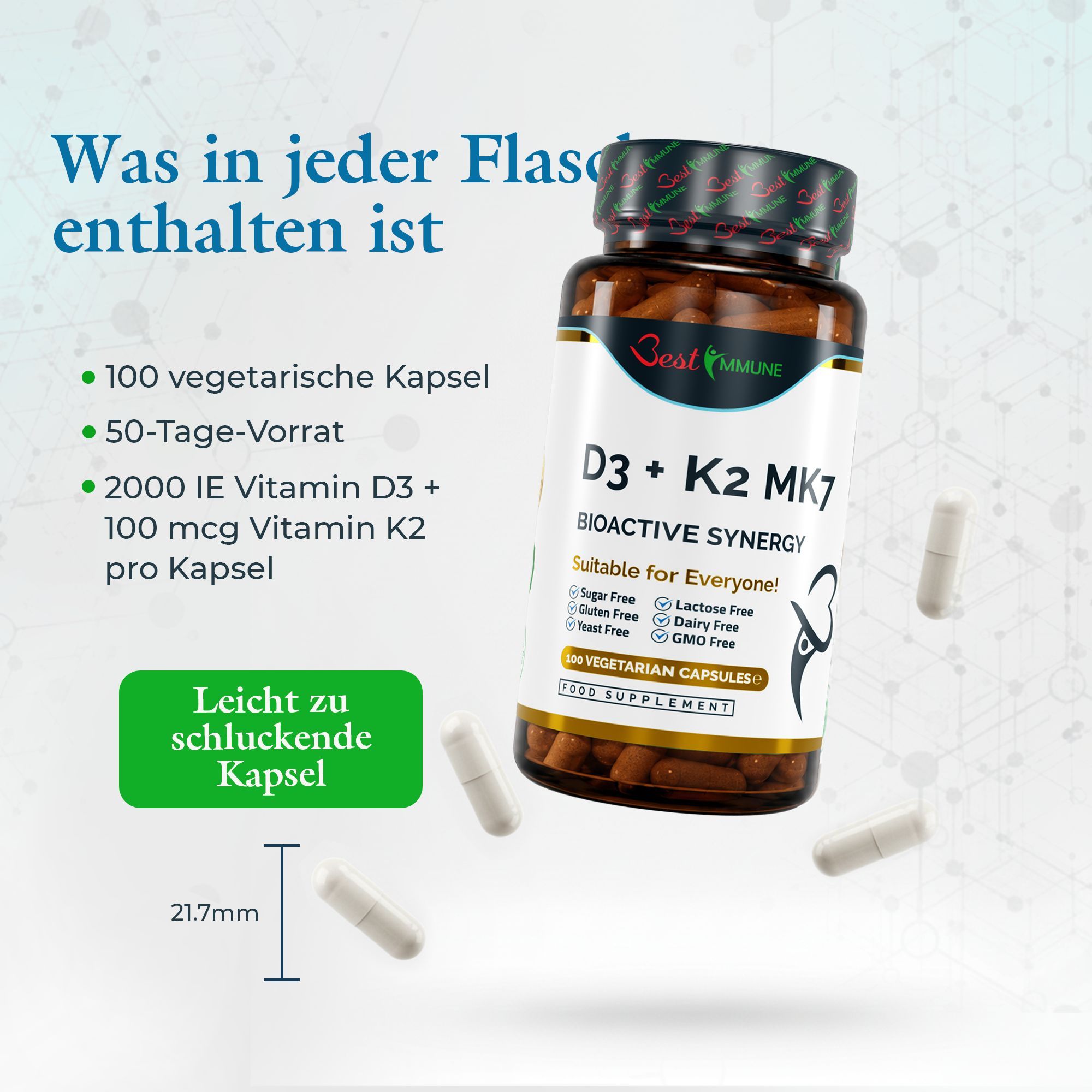 Flasche mit D3 + K2 MK7 Nahrungsergänzungsmitteln. Enthält 100 vegetarische Kapseln. Kapsellänge 21,7 mm.