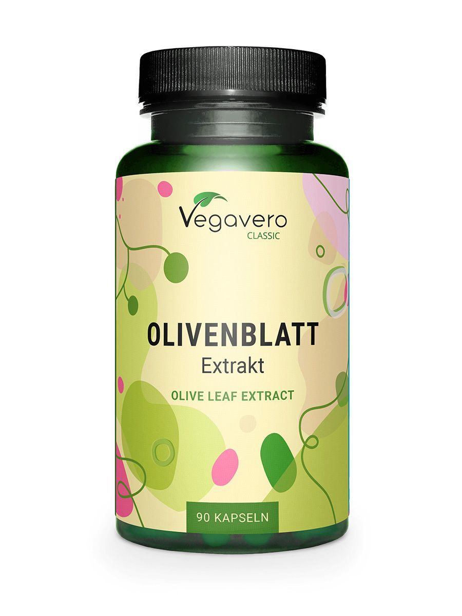 Grüne Flasche mit Olivenblatt-Extrakt-Kapseln. Aufschrift: Vegavaro Classic, Olivenblatt Extrakt, 90 Kapseln.