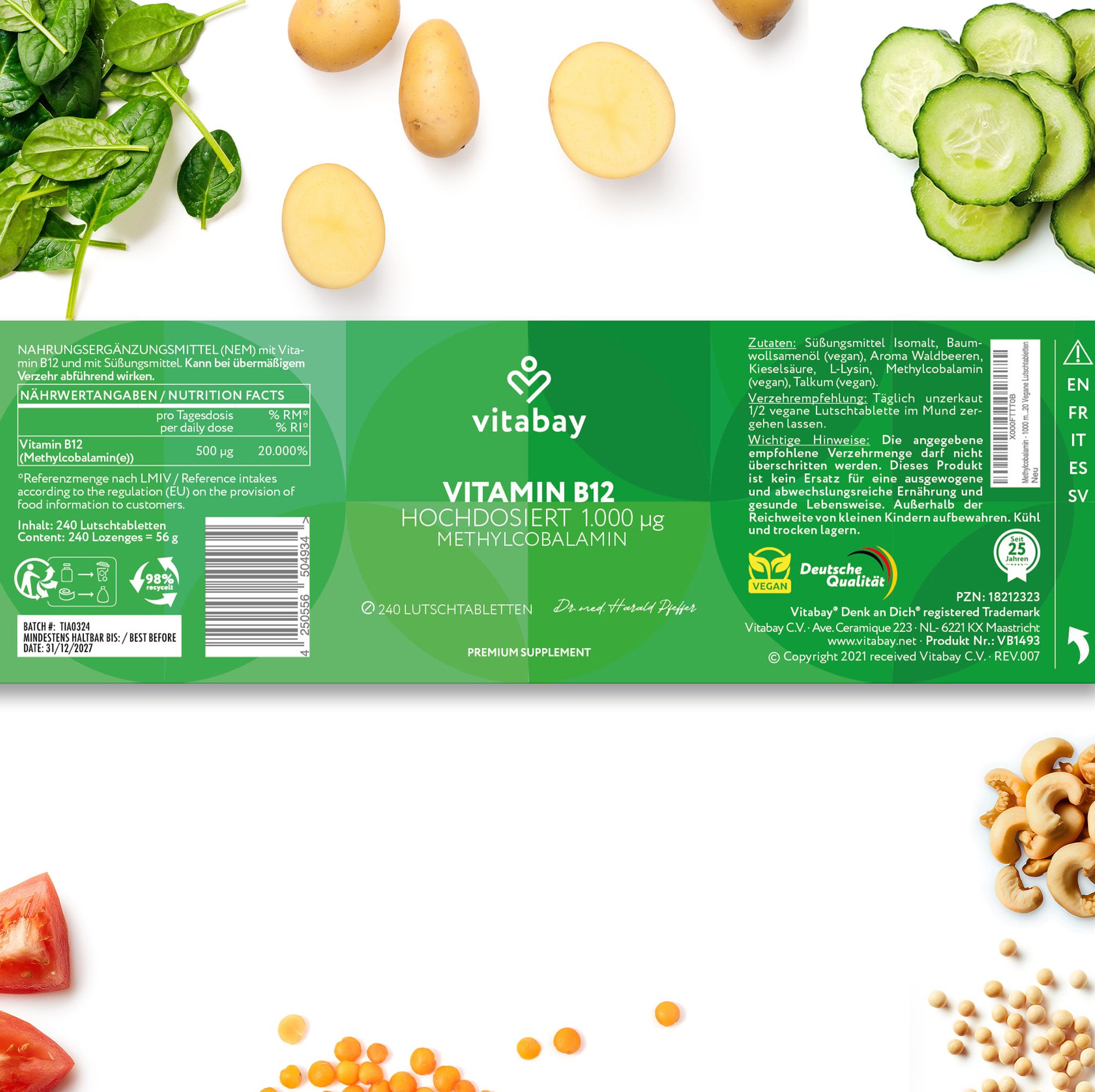 Rückseite der Vitabay Vitamin B12 Depot 1000 mcg Verpackung. 240 Lutschtabletten. Nährwertangaben.