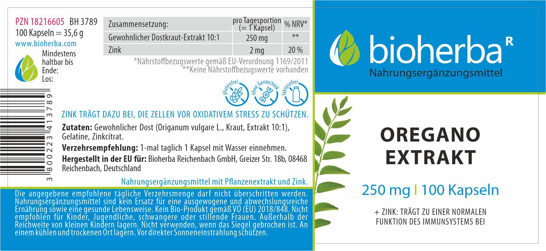 Etikett mit blauem Streifen und weißer Schrift. "Bioherba" Logo. "Oregano Extrakt" und "250 mg | 100 Kapseln" sind sichtbar. Text in Deutsch.