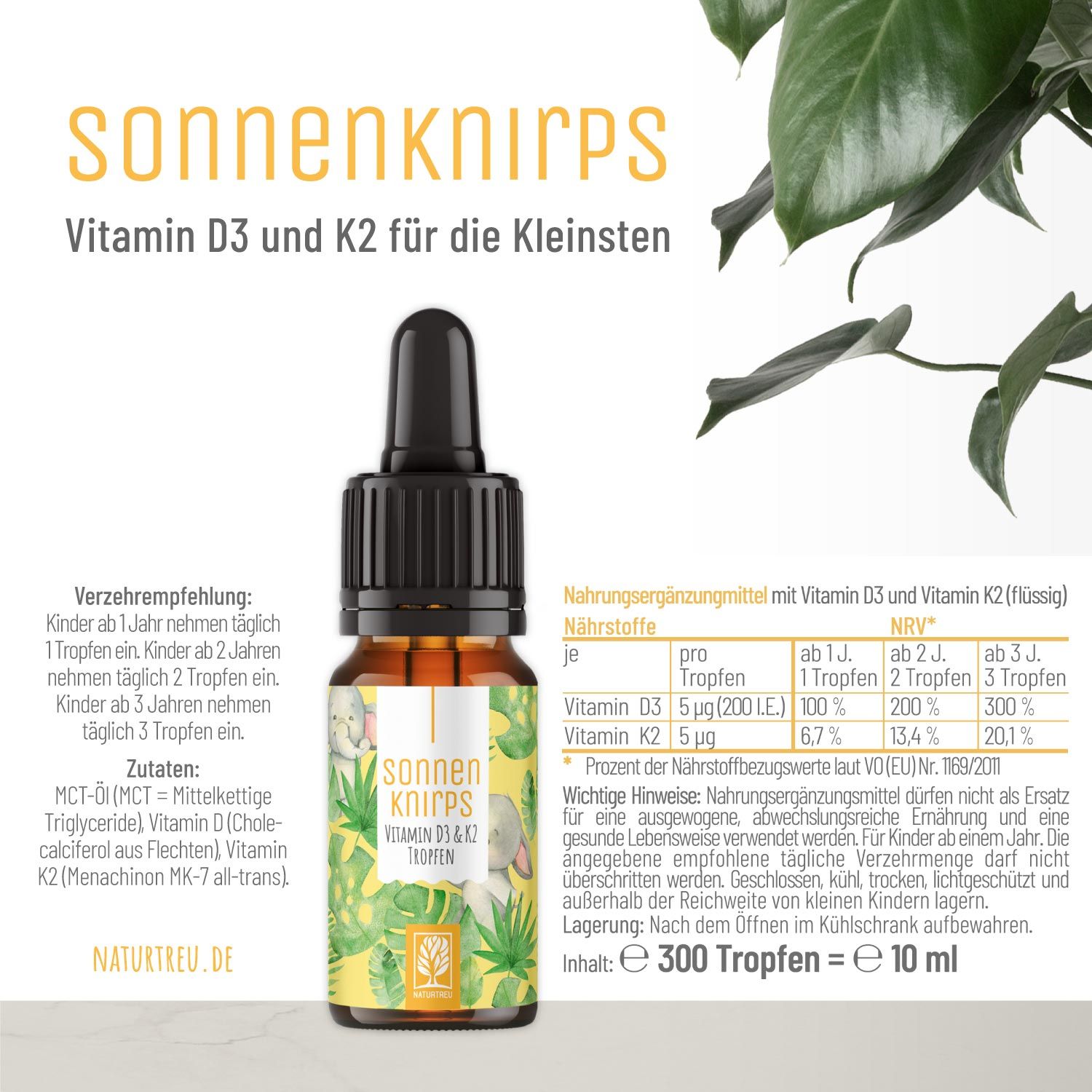 Vitamin D3 & K2 Tropfen für Kinder ab 1 - Sonnenknirps - NATURTREU®