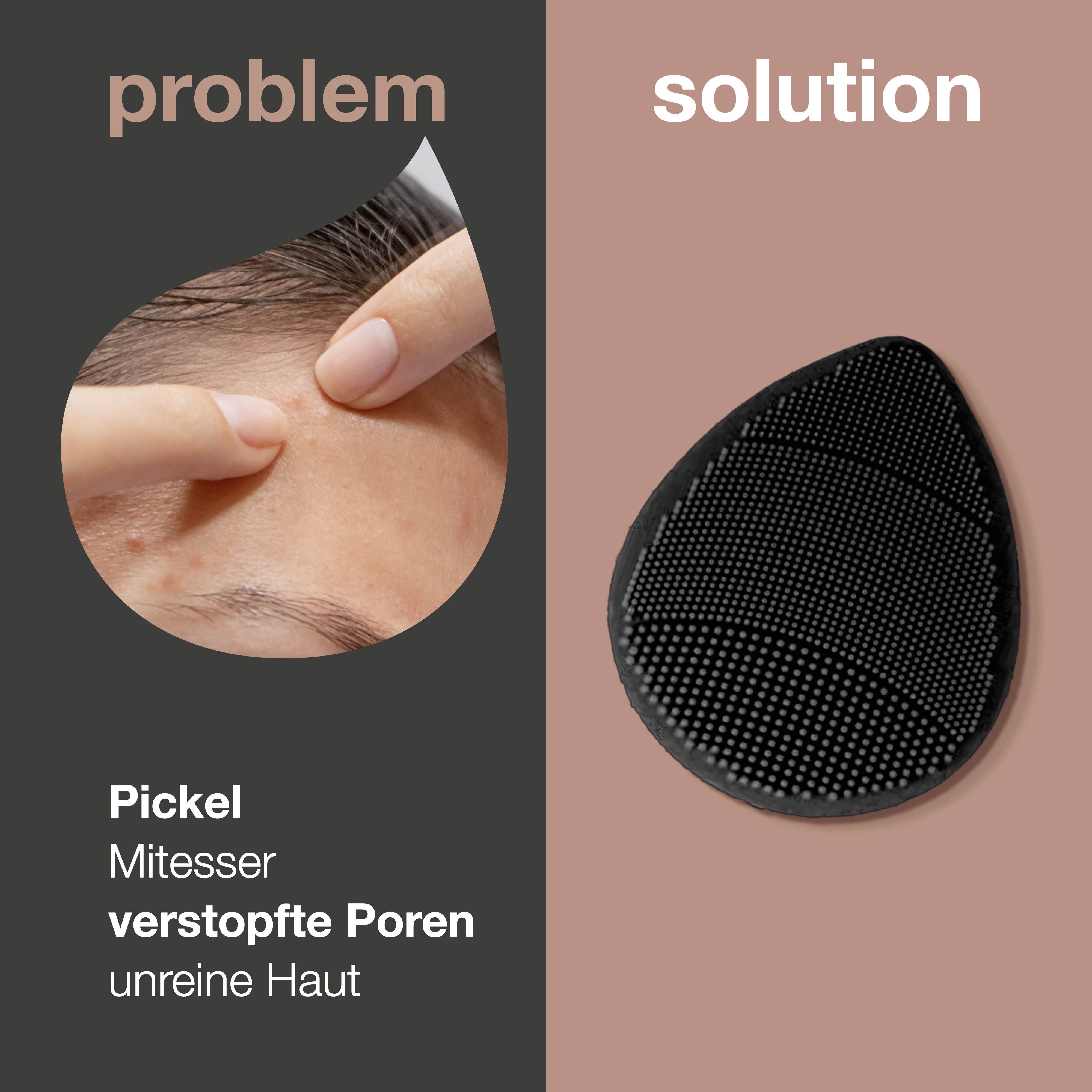 Problem und Lösung. Gesichtsbürste schwarz, tropfenförmig. Text: Pickel, Mitesser, verstopfte Poren, unreine Haut.