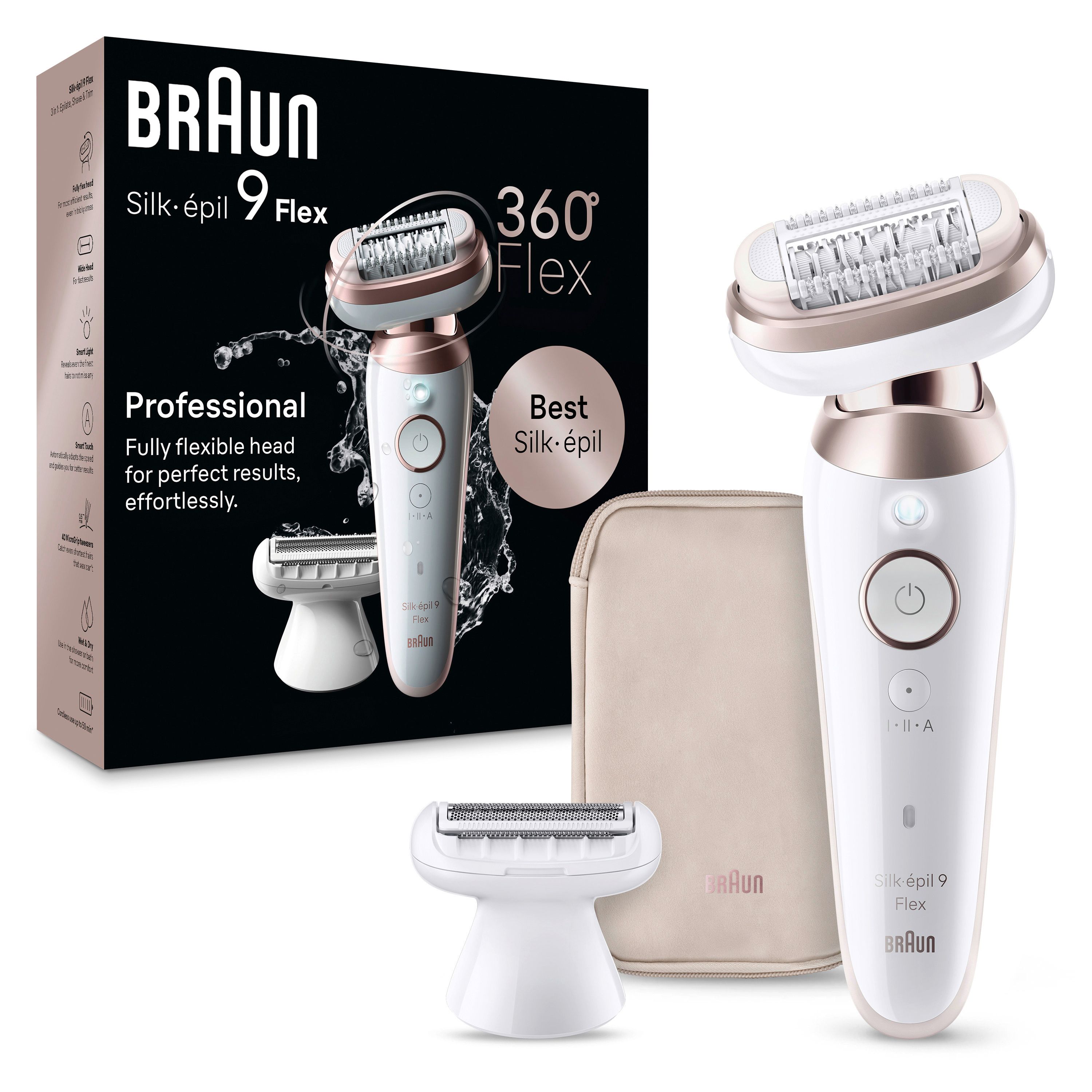 Epilierer, Verpackung und Zubehör. Weiß/Rosé-Gold. Text: Braun, Silk-épil 9 Flex, 360° Flex.