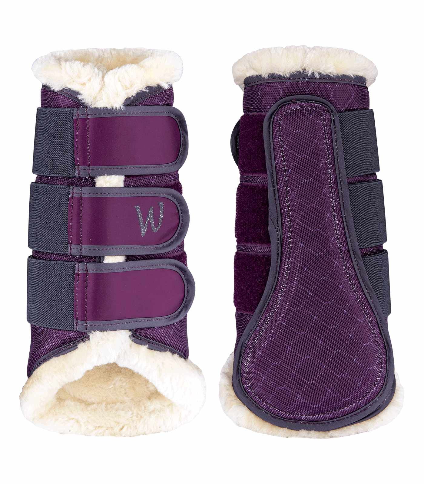 Dressurgamaschen, violett mit grau, Fellfutter, Klettverschlüsse, Logo 'W'.