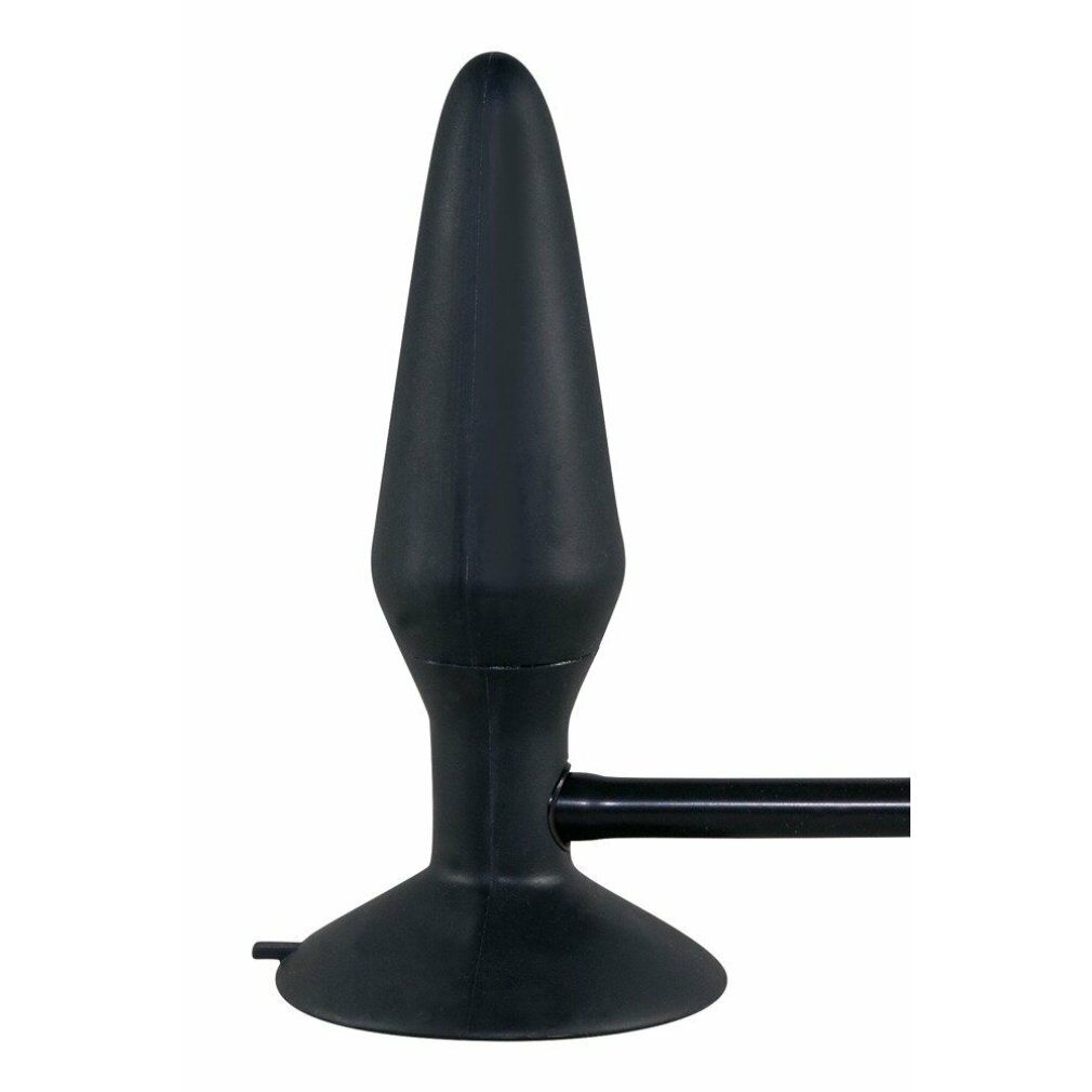 Schwarzer, konischer Analplug mit Basis und Schlauchanschluss. Aus Gummi.