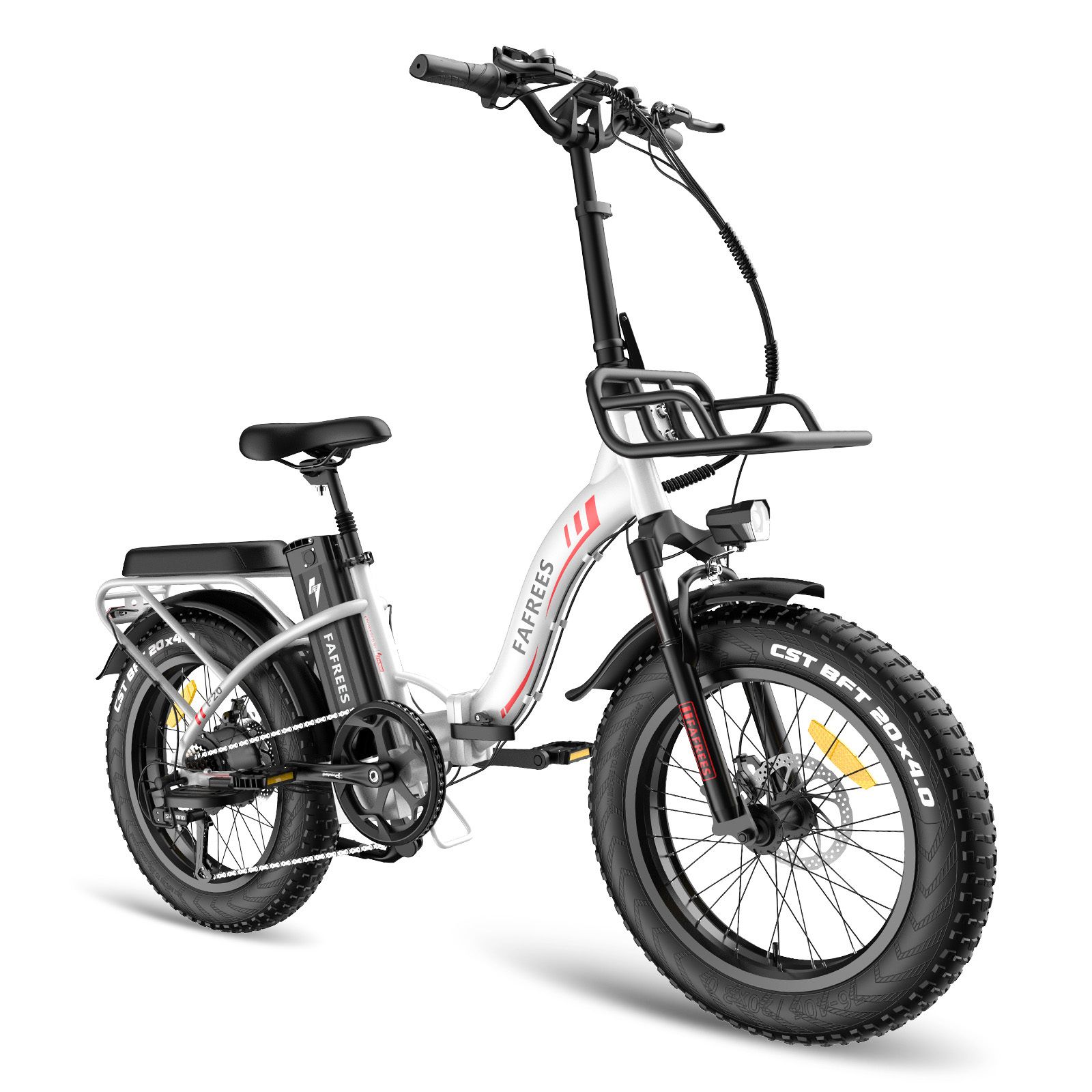 Weißes Fafrees F20 Max Elektrofahrrad. Schwarze Reifen, Gepäckträger, Frontkorb. Batterie und Marke sichtbar.