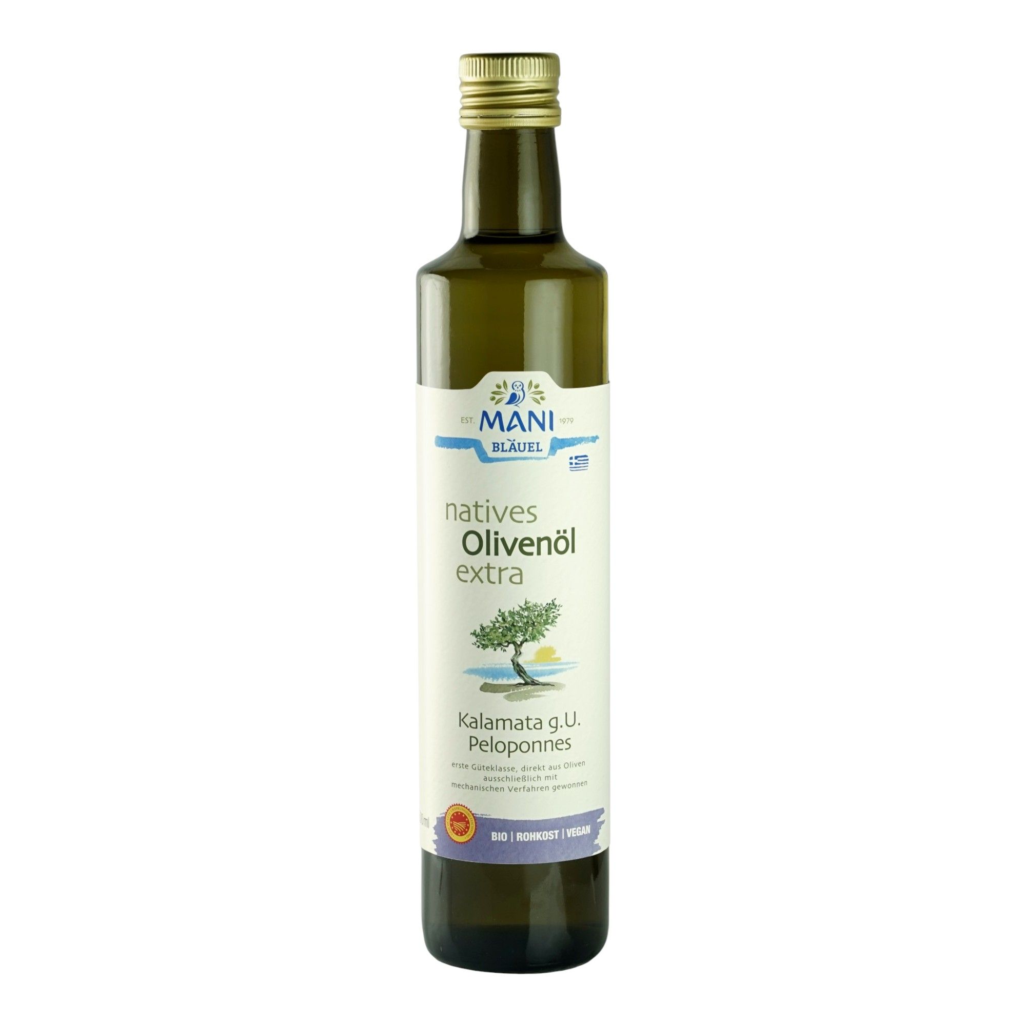 MANI natives Olivenöl extra aus Kalamata g.U. Peloponnes in dunkler Glasflasche mit goldenem Verschluss.
