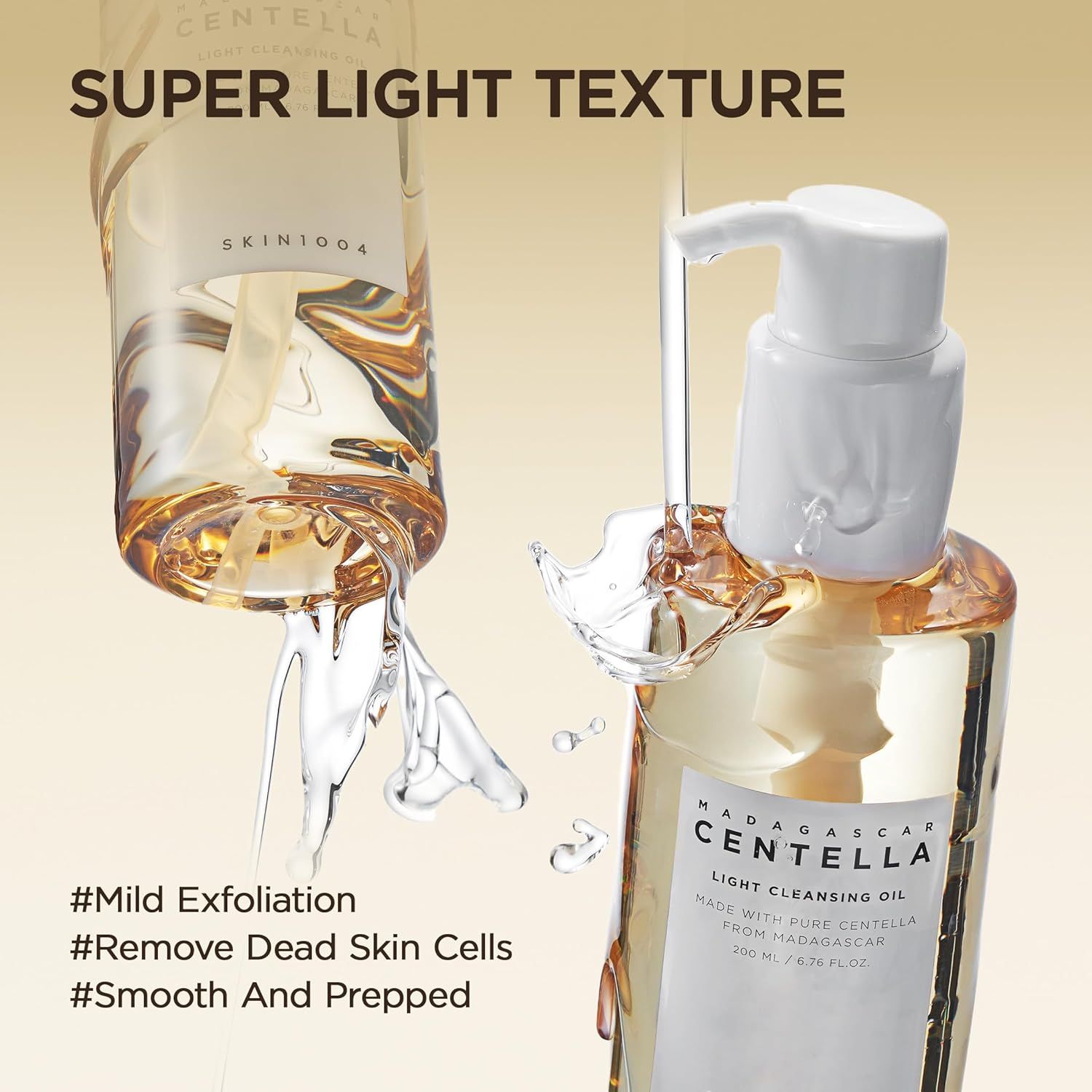 Skin1004 Madagascar Centella Light Cleansing Oil. Produktabbildung mit Text: Super Light Texture.