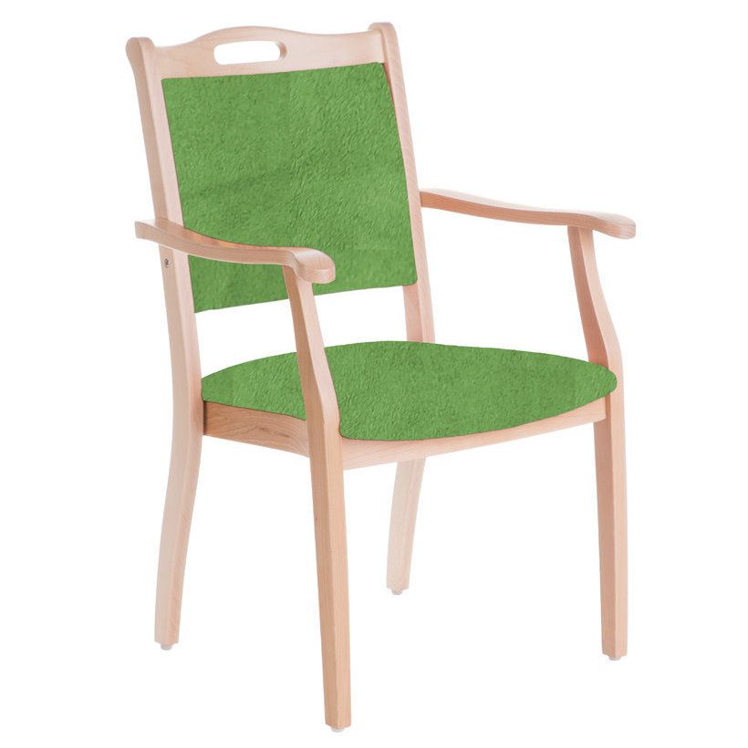 Seniorenstuhl Sabine Armlehnenstuhl. Holzrahmen, grüne Sitzfläche und Rückenlehne.