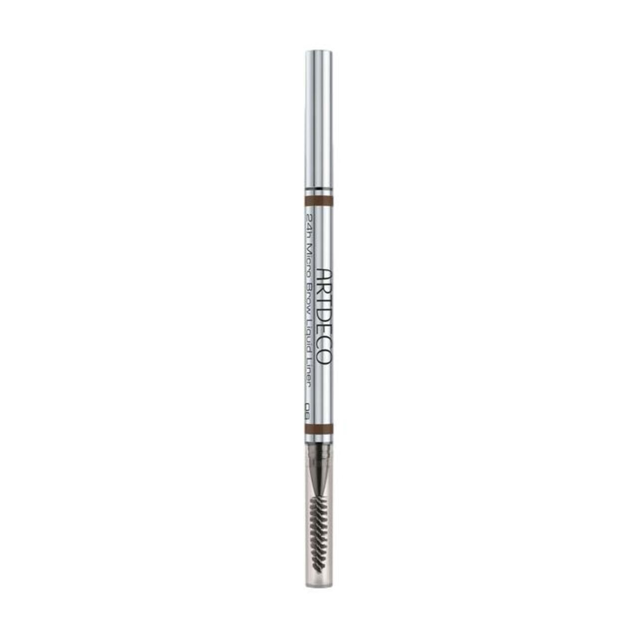 Doppelstift. Artdeco 24h Micro Brow Liquid Liner. Silber, Spitze, Bürste. Braune Mine. Transparente Kappe. Mit Schriftzug.