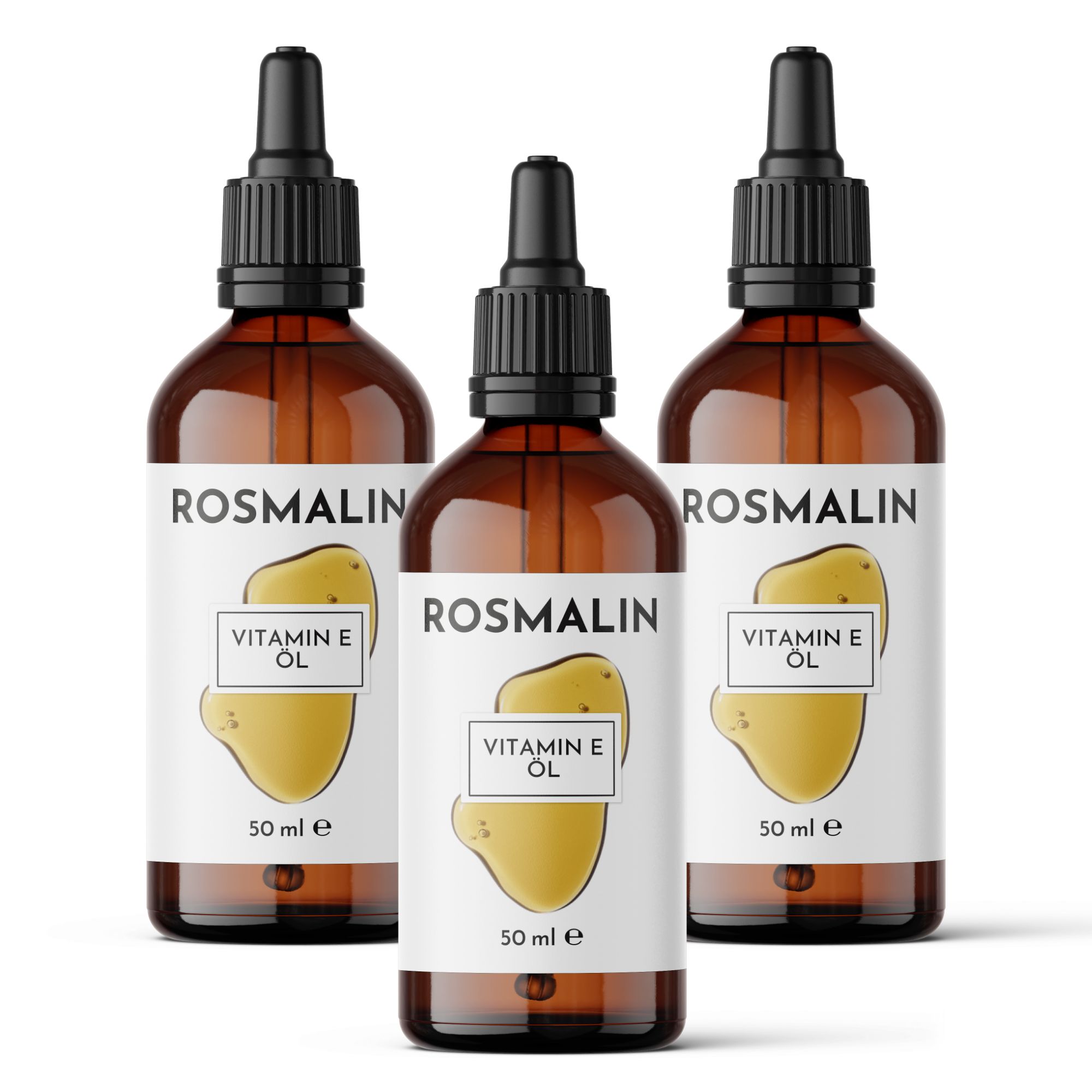 Drei Flaschen Rosmalin Vitamin E Öl. Etikett mit Produktinformationen. 50 ml.