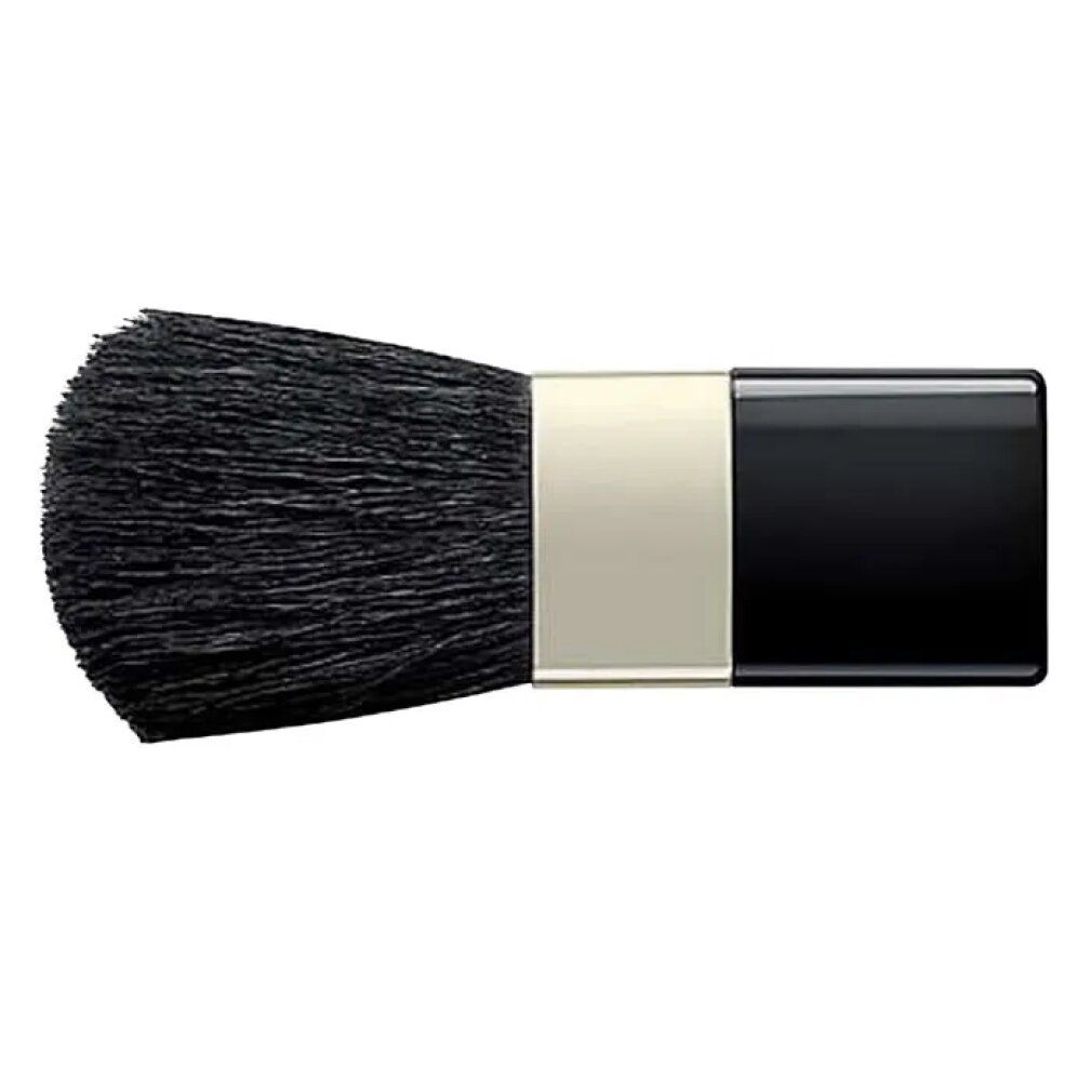 Schwarzer Rougepinsel. Schwarze Borsten, silberne Manschette, schwarzer Griff. Rechteckige Form.