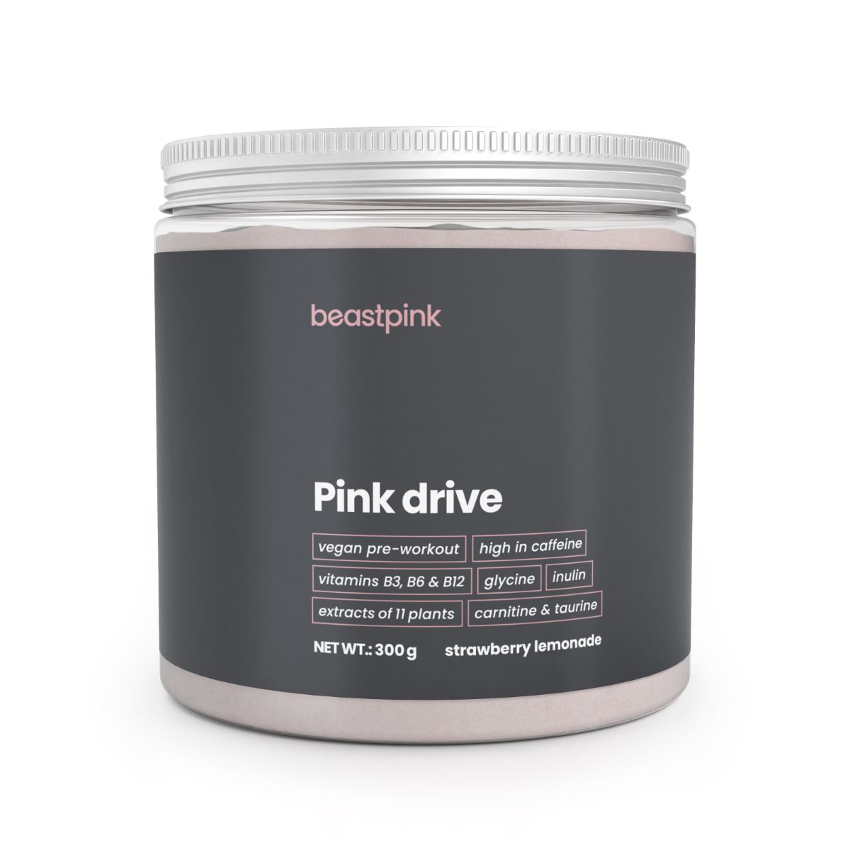 GymBeam Pink Drive Pre-Workout Pulver in Erdbeer-Zitrone-Geschmack. 300g Dose mit Nährwertangaben.