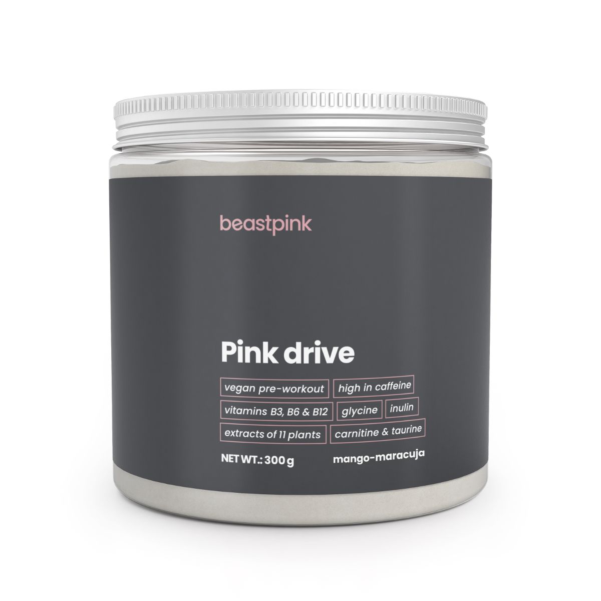 GymBeam Pink Drive Pre-Workout Pulver in 300g Dose, Geschmack Mango-Maracuja. Enthält Koffein, Vitamine B3, B6, B12.