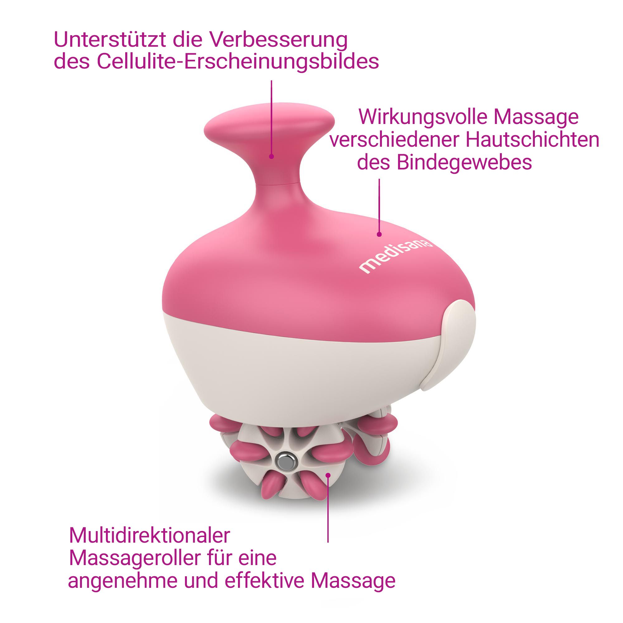 Rosa Massagegerät mit rotierenden Rollen und Beschriftungen.