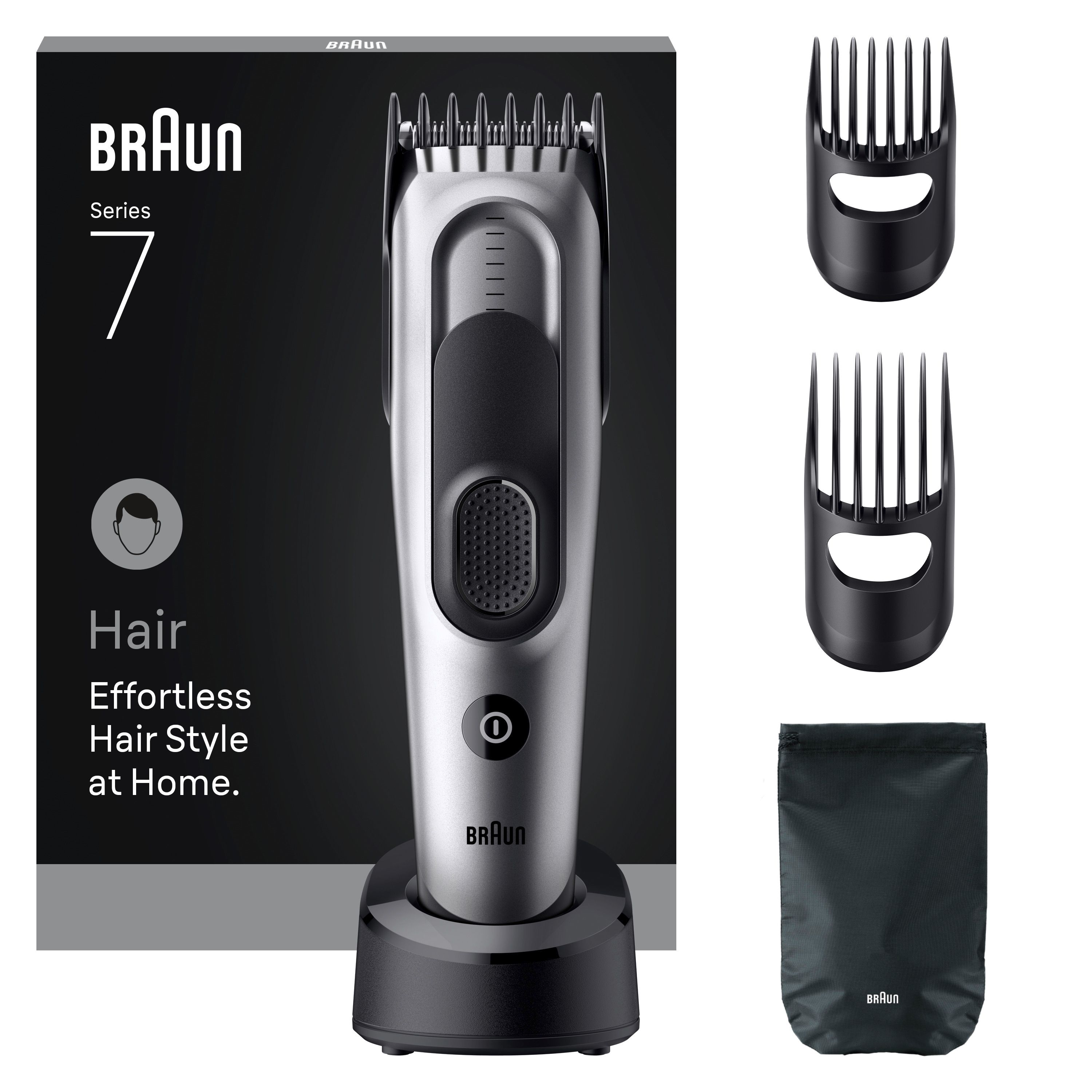 Haarschneider Braun Series 7 mit Ladestation, Aufsätzen und Beutel. Silber-schwarz. Aufsätze für verschiedene Haarlängen.