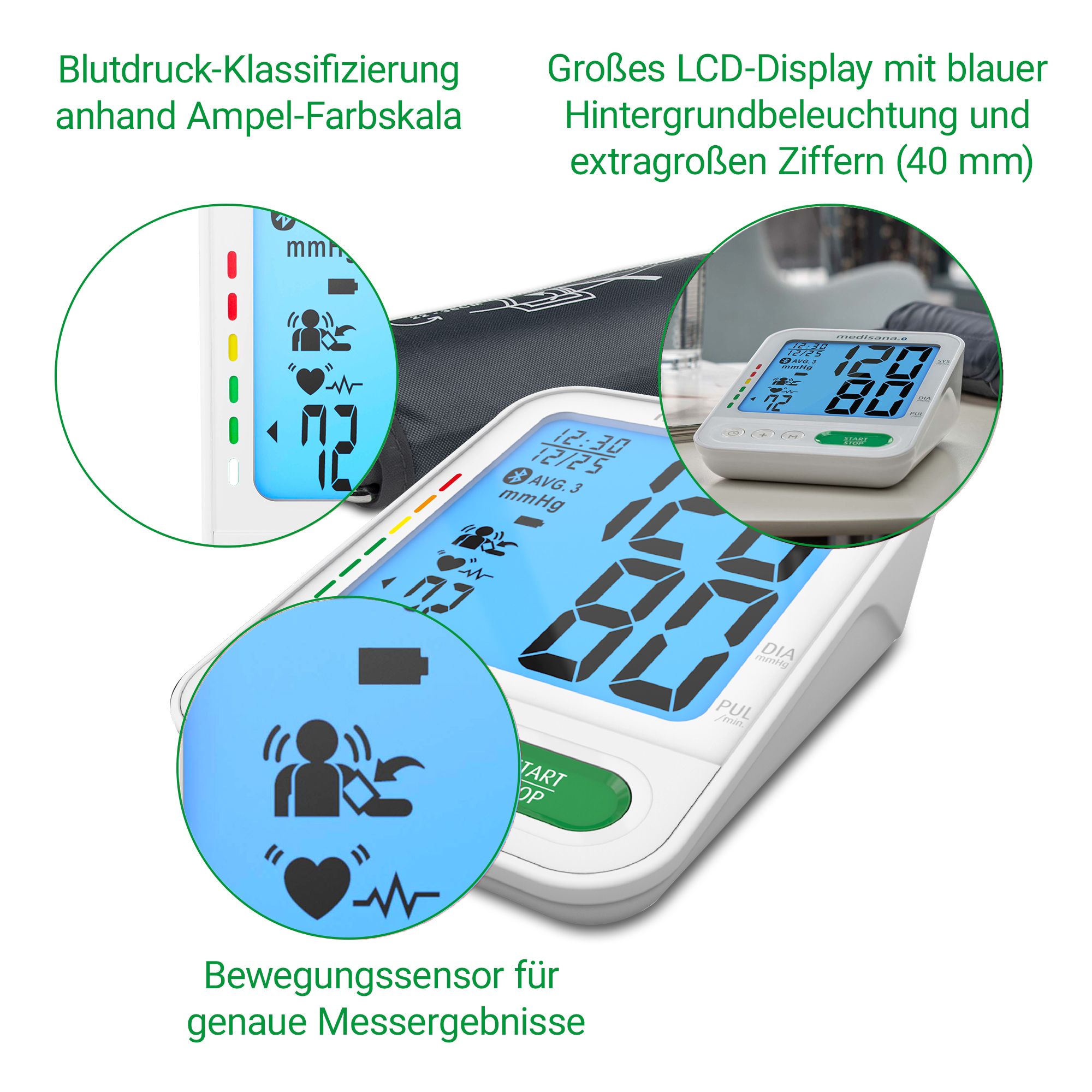 Medisana Blutdruckmessgerät: LCD-Display, Ampel-Skala, Bewegungssensor-Symbol.