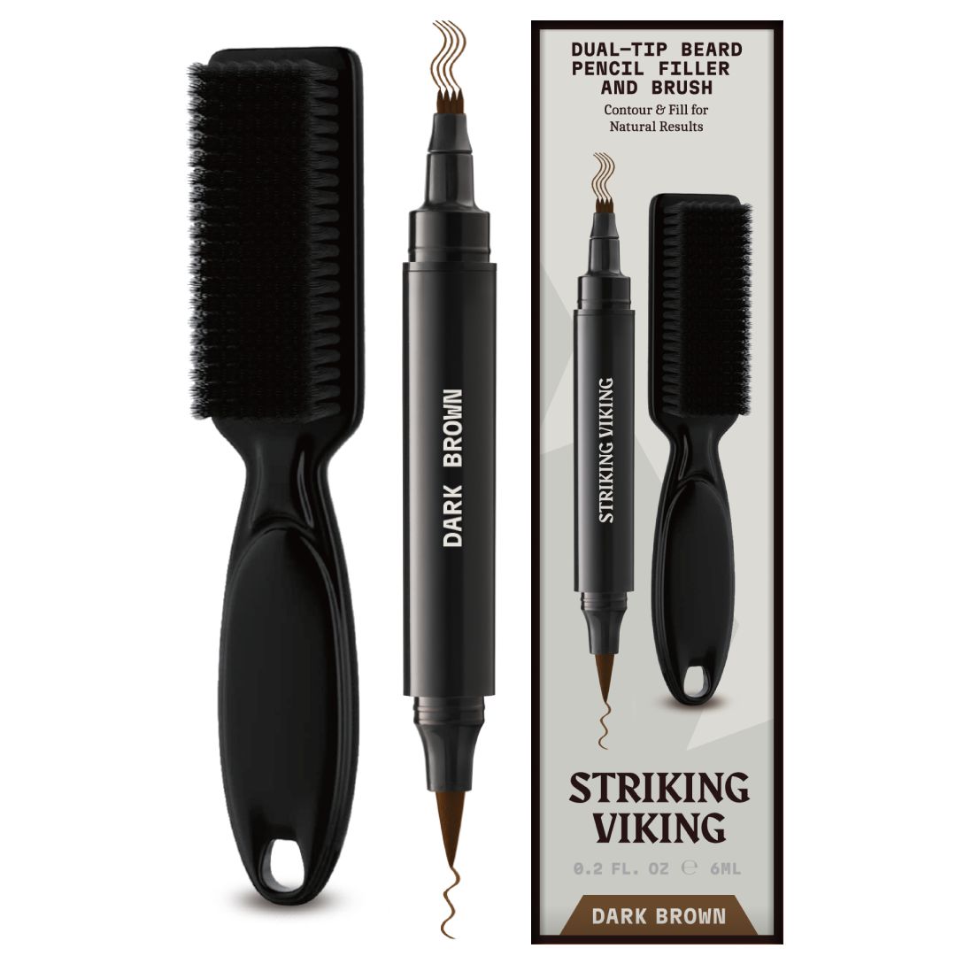 Doppelspitzenstift und Bürste. Dunkelbrauner Stift mit Bürste. Verpackung mit Produktnamen und Farbbezeichnung.