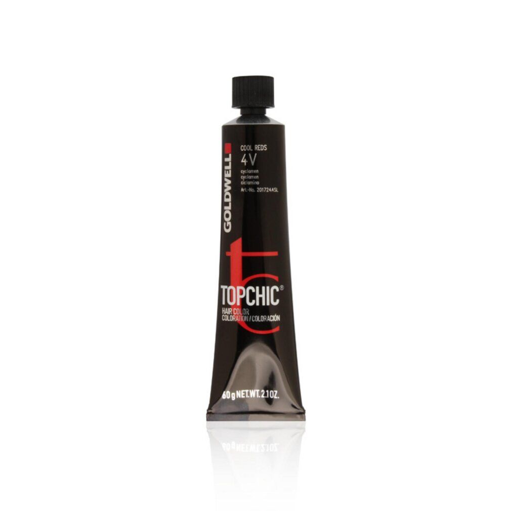 Schwarze Haarfärbemittel-Tube. Aufschrift: TOPCHIC, 4V, COOL REDS. Marke: Goldwell. Inhalt: 60g.