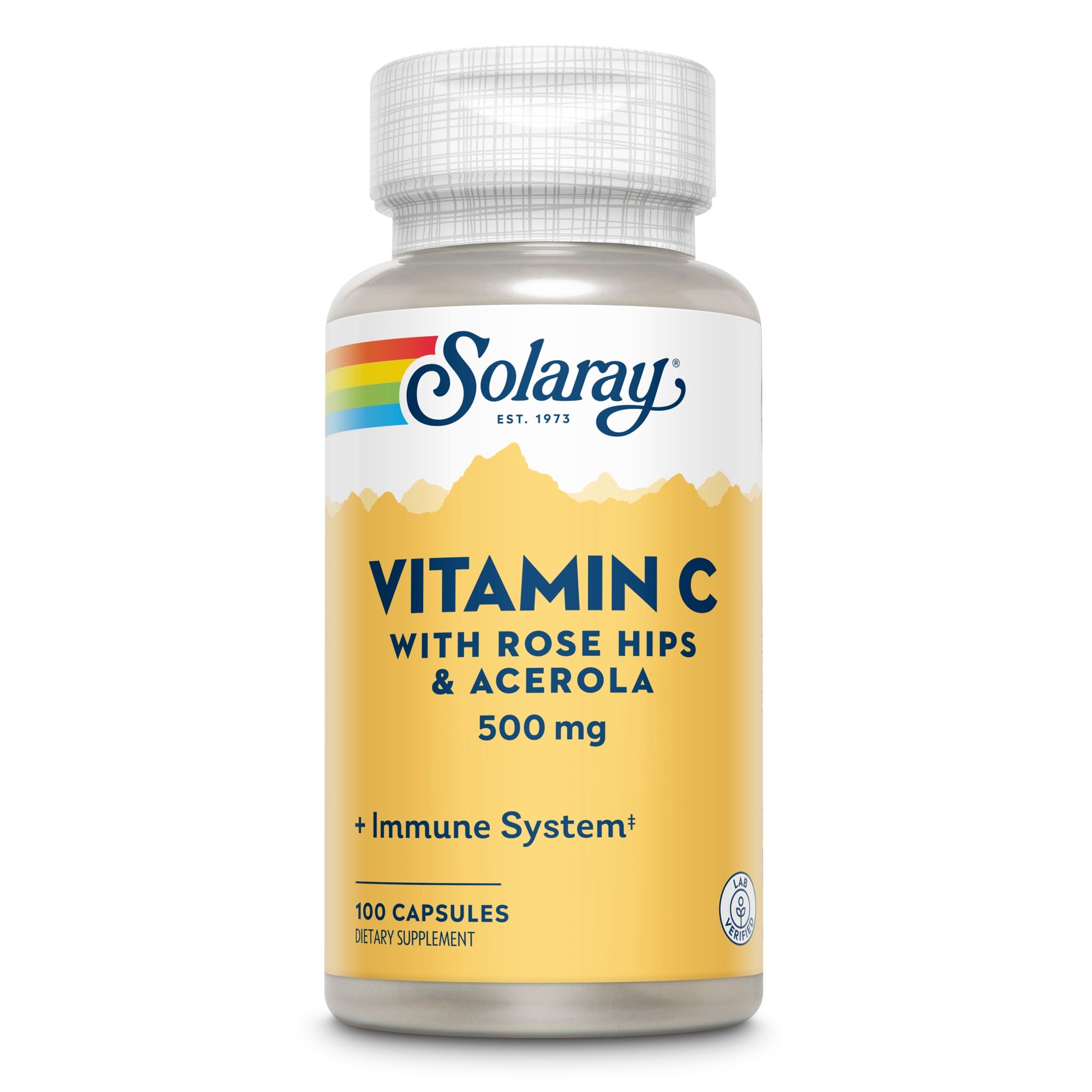 Solaray Vitamin C Flasche. Kapseln mit Hagebutte & Acerola. Text: Vitamin C 500 mg, +Immunsystem, 100 Kapseln.