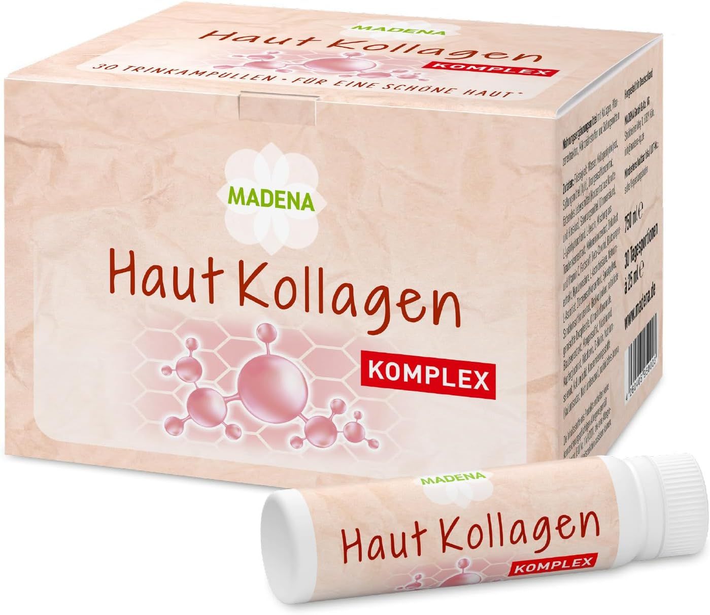 Schachtel und Ampulle Haut Kollagen Komplex. Text: 30 Trinkampullen. Marke MADENA.