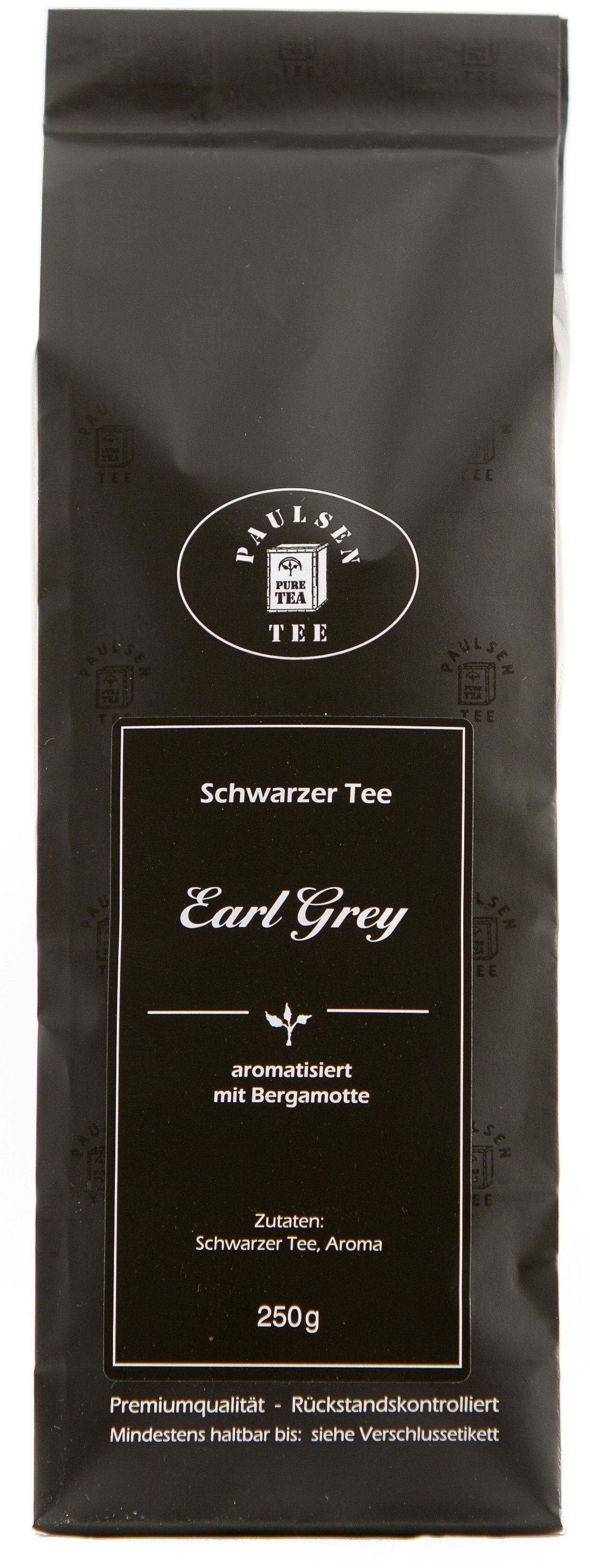 Schwarzer Tee Earl Grey in schwarzer Verpackung. Ovales Logo, Textfeld mit Produktbezeichnung und Zutaten. 250g.