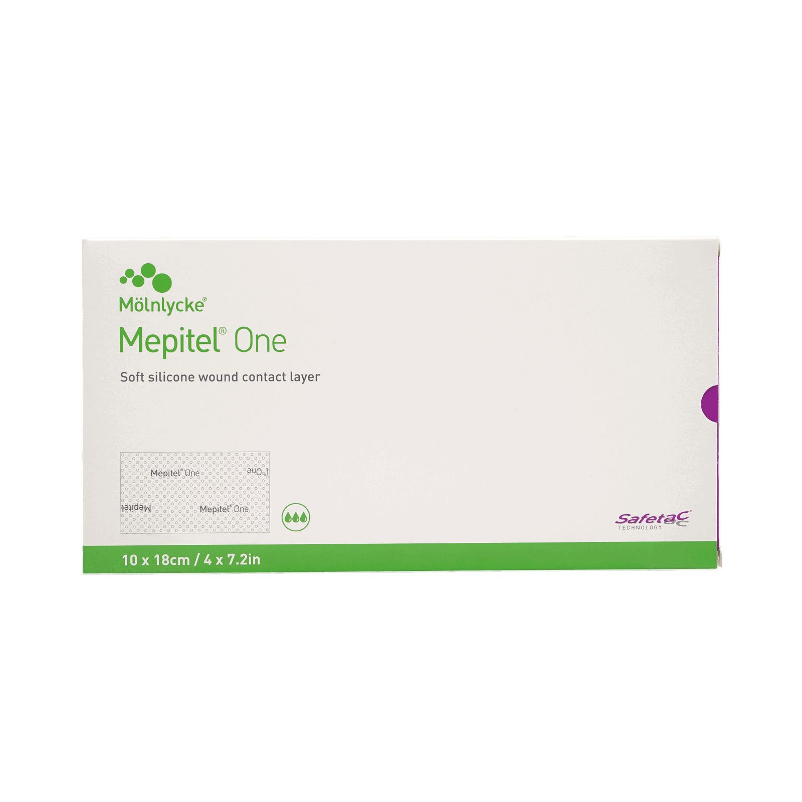 Verpackung von Mepitel One. Weiß, mit grünem Streifen und Produktbezeichnung. Größe: 10 x 18 cm.