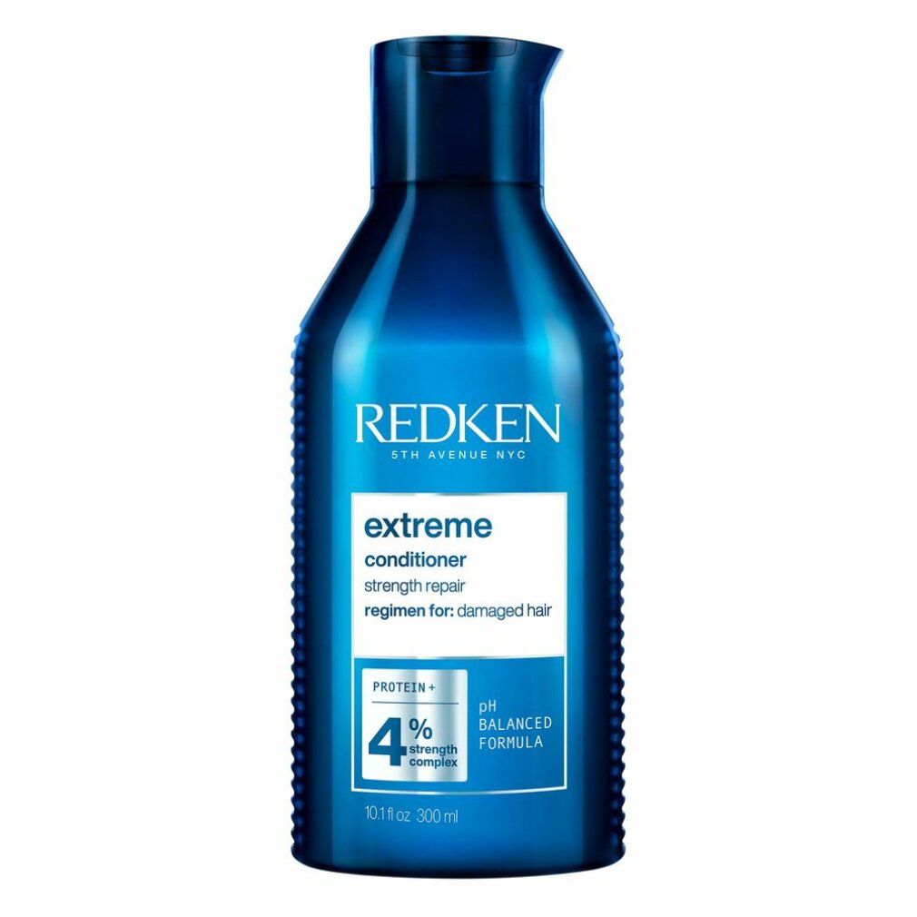 Dunkelblaue Flasche Redken Extreme Conditioner. Enthält 300 ml. Aufschrift: Extreme, pH Balanced Formula, 4% Strength Complex.