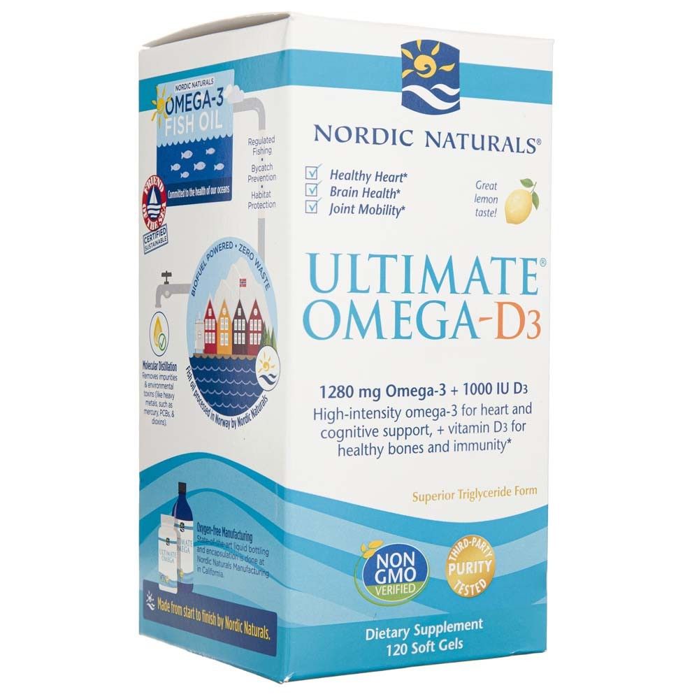 Nordic Naturals Ultimate Omega-D3 Verpackung mit Fokus auf Inhaltsstoffen und Zertifizierungen.