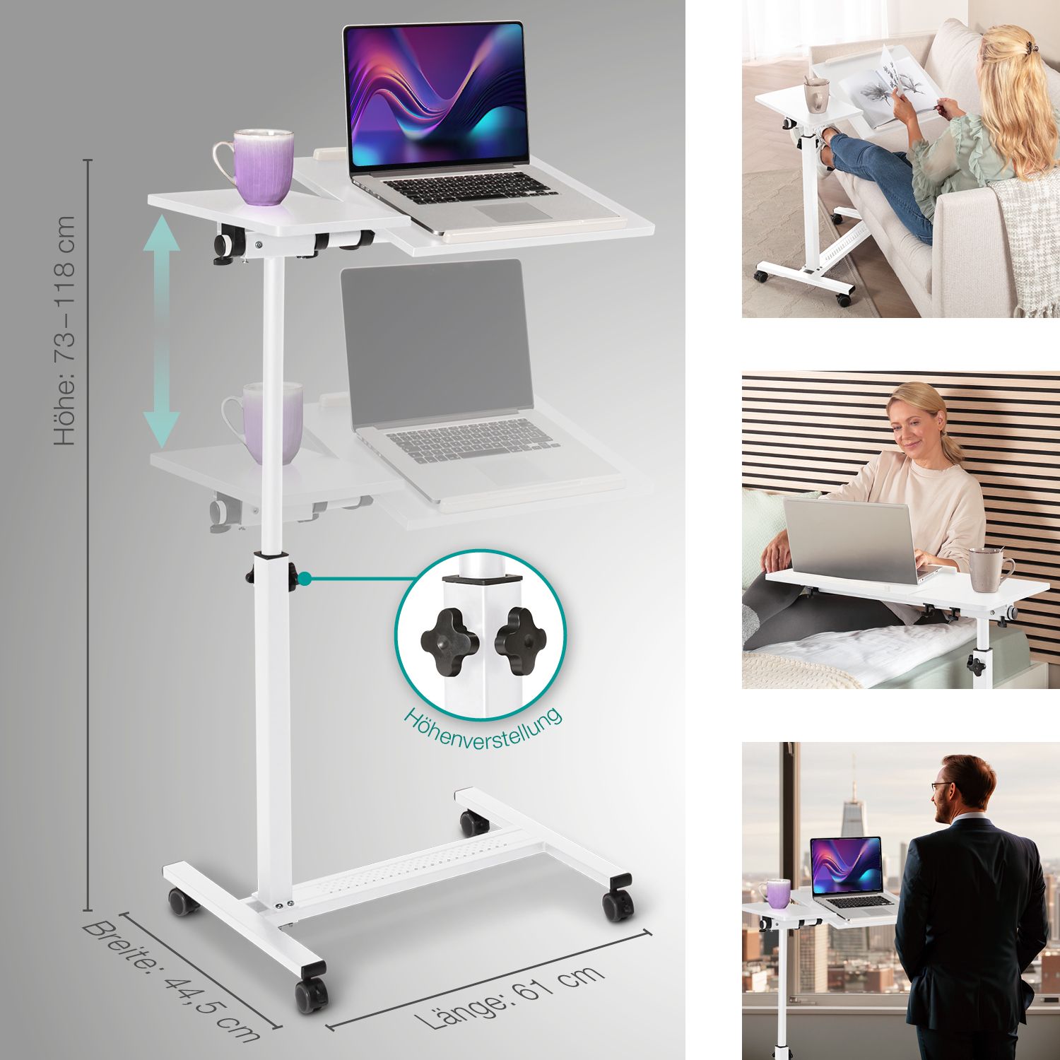 Weißer, höhenverstellbarer Tisch mit Rollen. Maße: Höhe 73-118 cm, Breite 44,5 cm, Länge 61 cm. Text: Höhenverstellung.