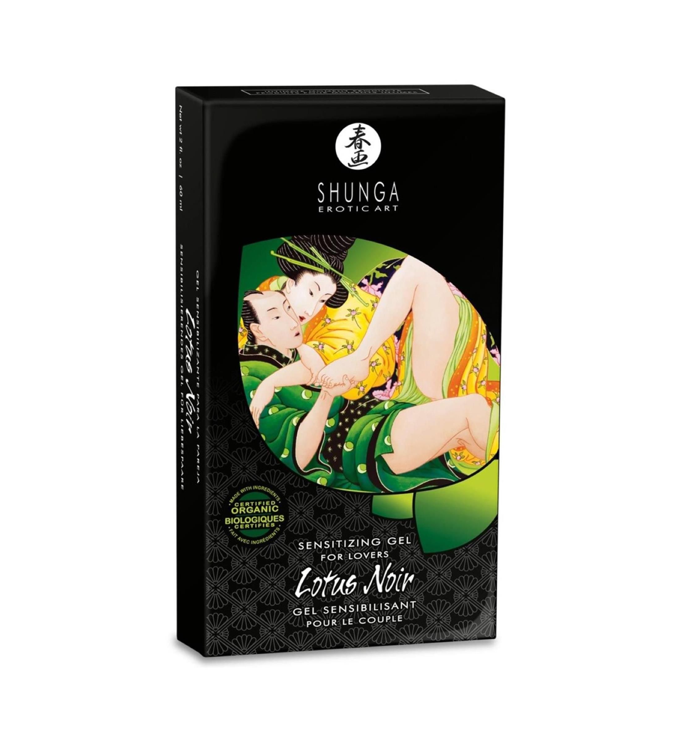 Schwarze Verpackung. Aufdruck: Shunga, Lotus Noir Sensitizing Gel. Abbildung: Paar in erotischer Pose. Logo.