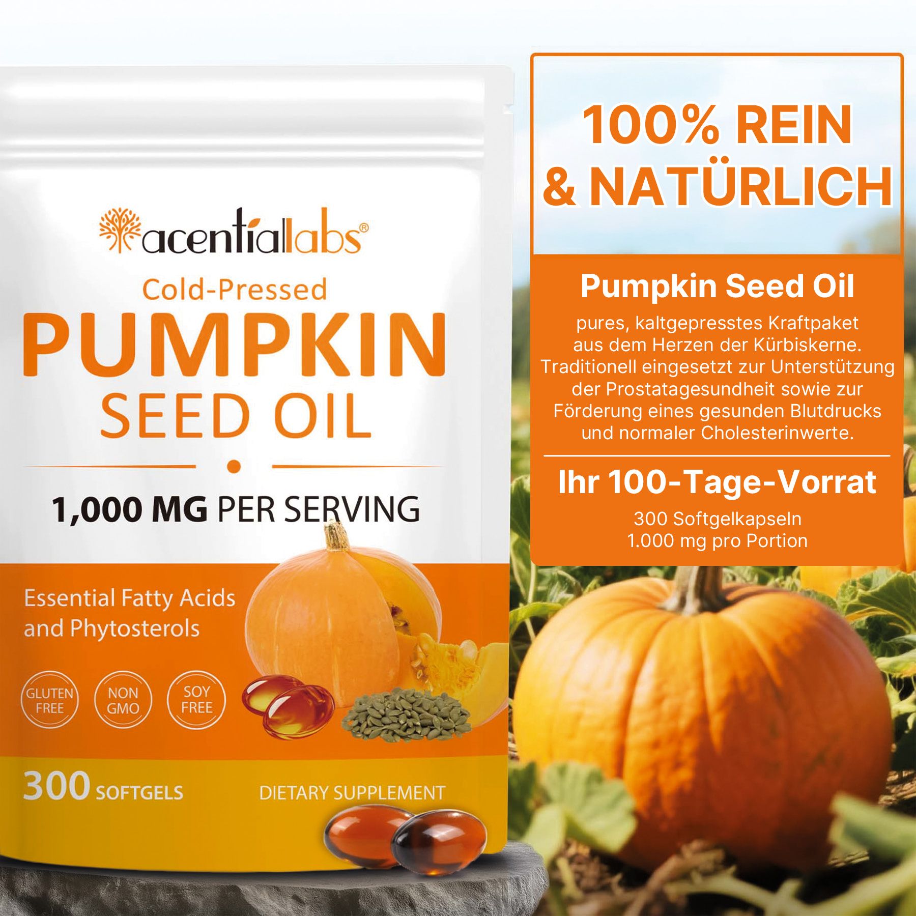 Acentiallabs Kürbiskernöl Sägepalmenöl Softgels Kapseln für Prostata Gesundheit Haare