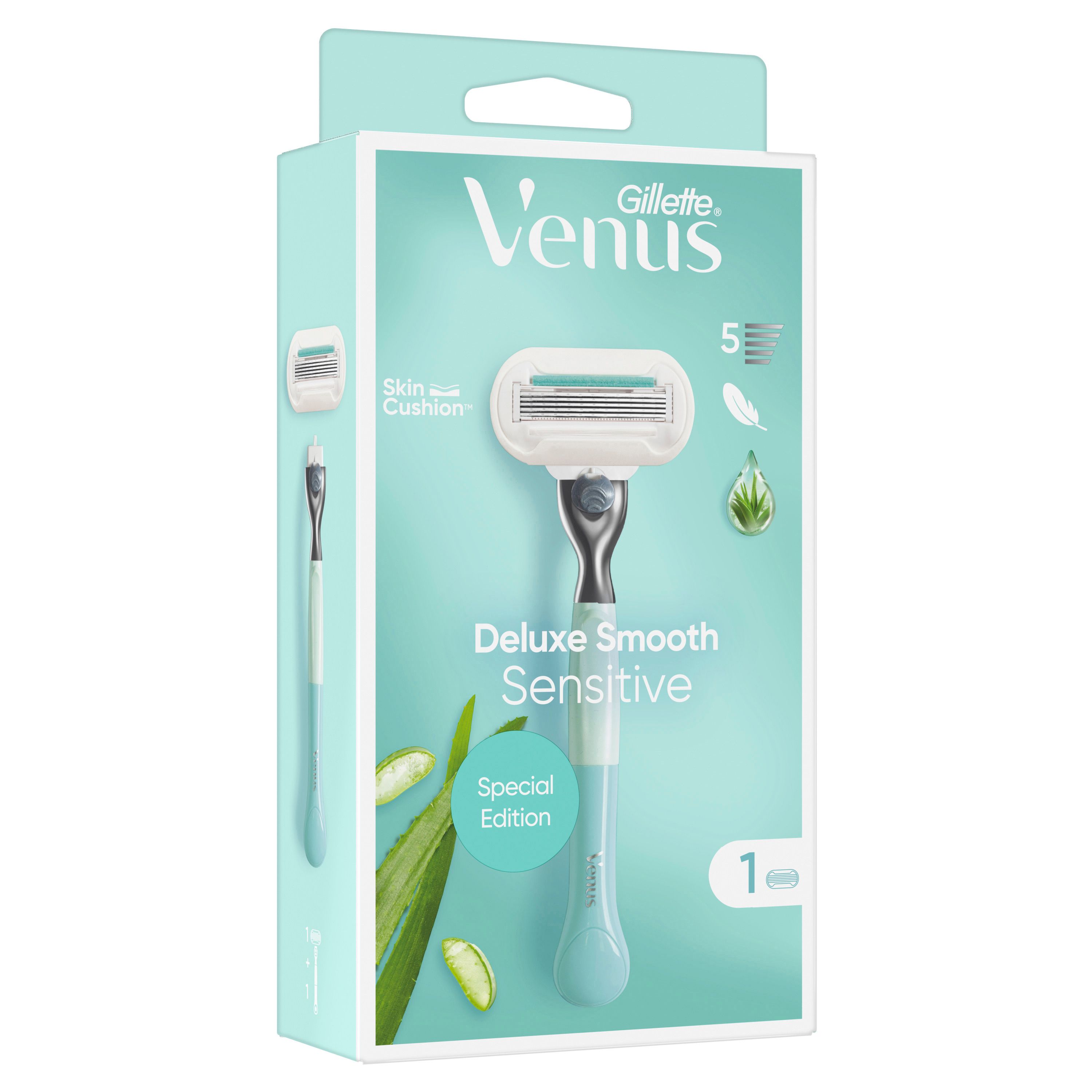 Verpackung: Gillette Venus Deluxe Smooth Sensitive. Rasierer und Ersatzklinge. Türkis-weißes Design.