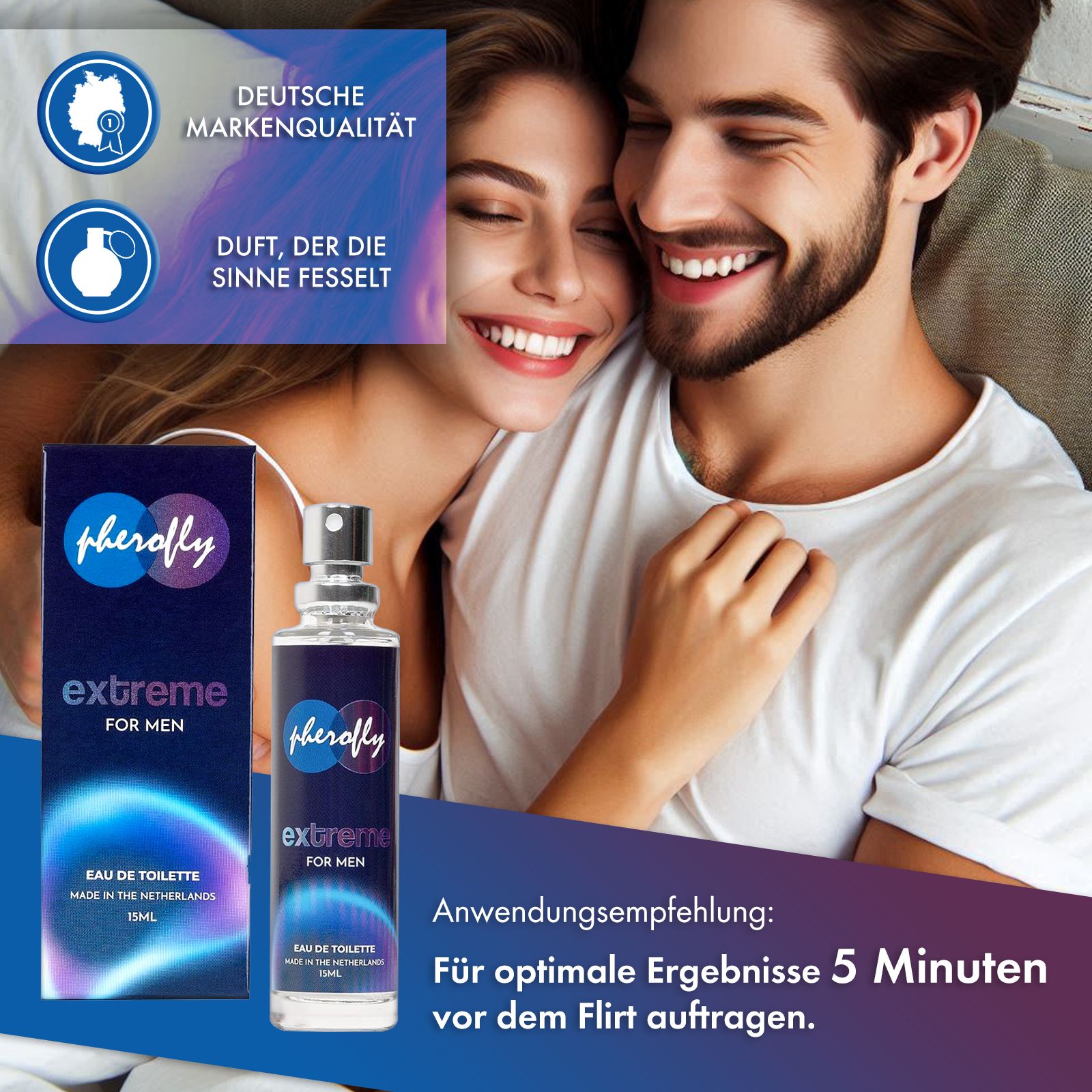 Pherofly Extreme for Men Eau de Toilette Flakon und Verpackung. 15ml. Text: Für optimale Ergebnisse 5 Minuten vorher.