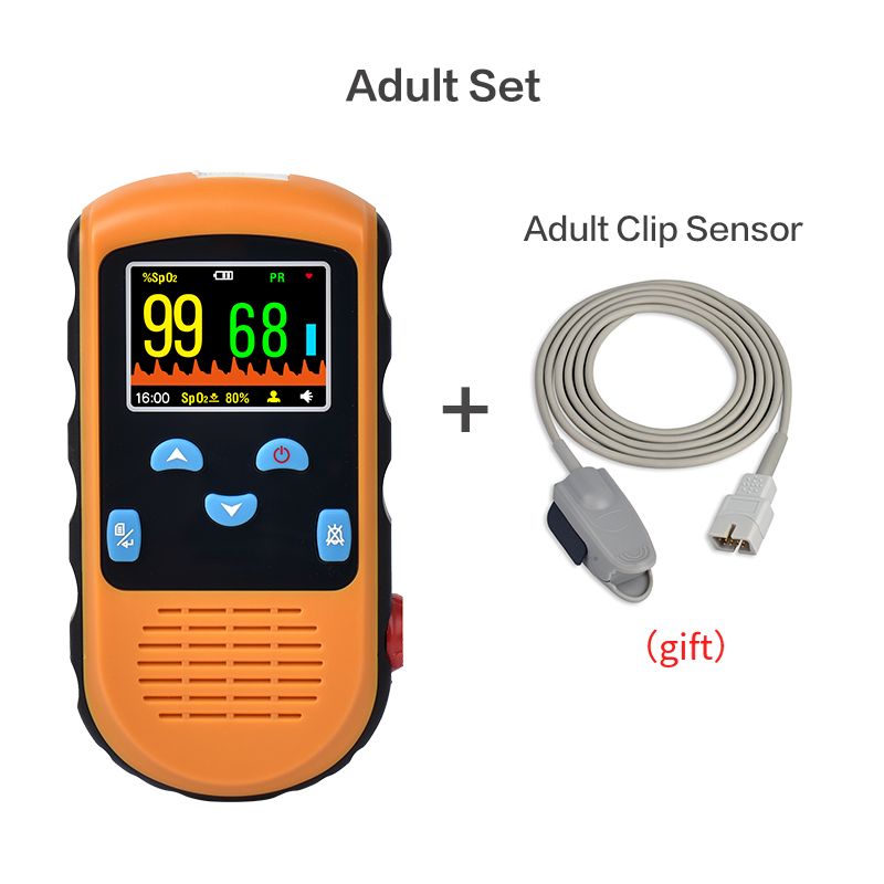 Ein oranges Pulsoximeter mit einem digitalen Display, das SpO2 und Puls anzeigt, und einem grauen Erwachsenen-Clip-Sensor.