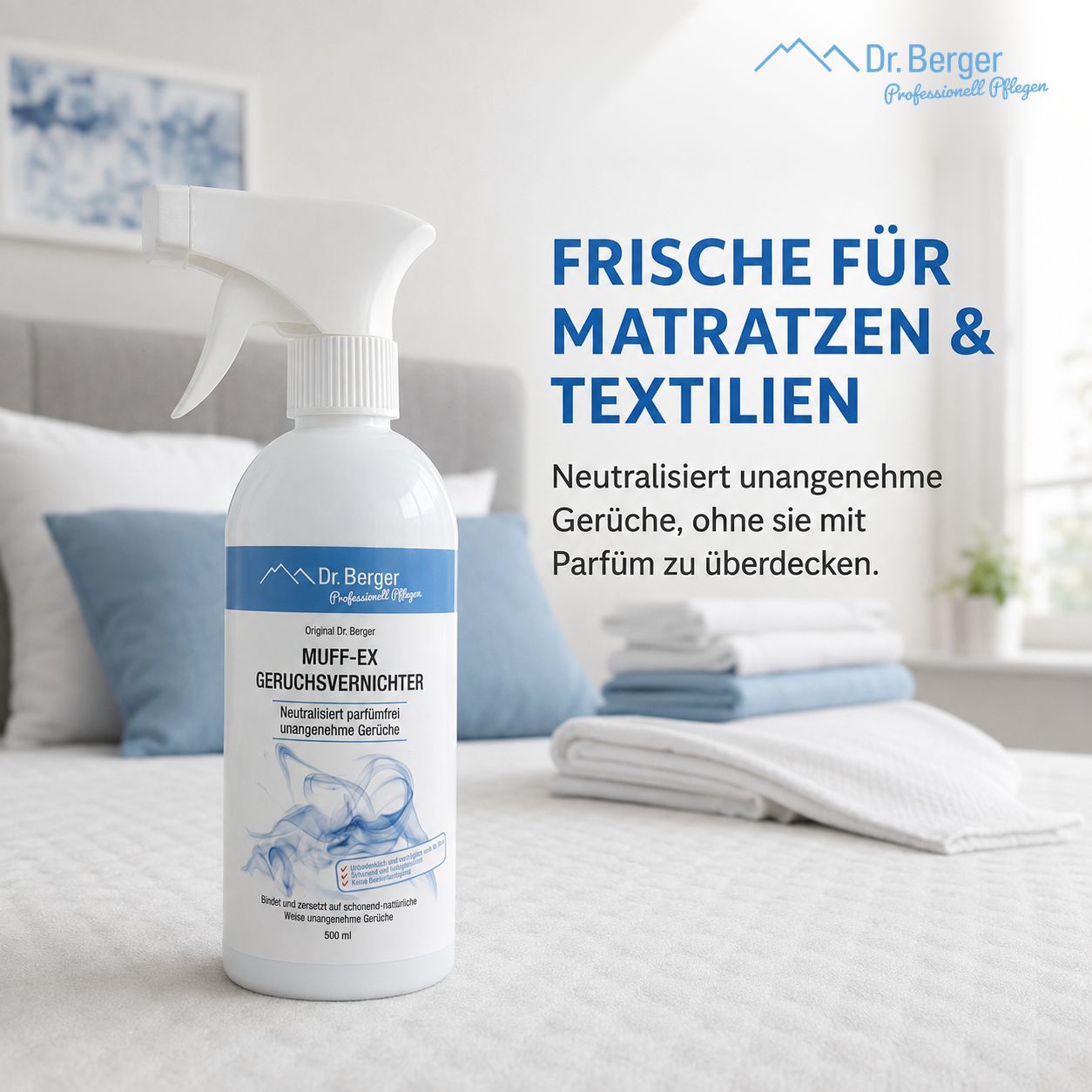 Dr. Berger Muff-Ex Geruchsvernichter Sprühflasche auf einem Bett, für Matratzen und Textilien.