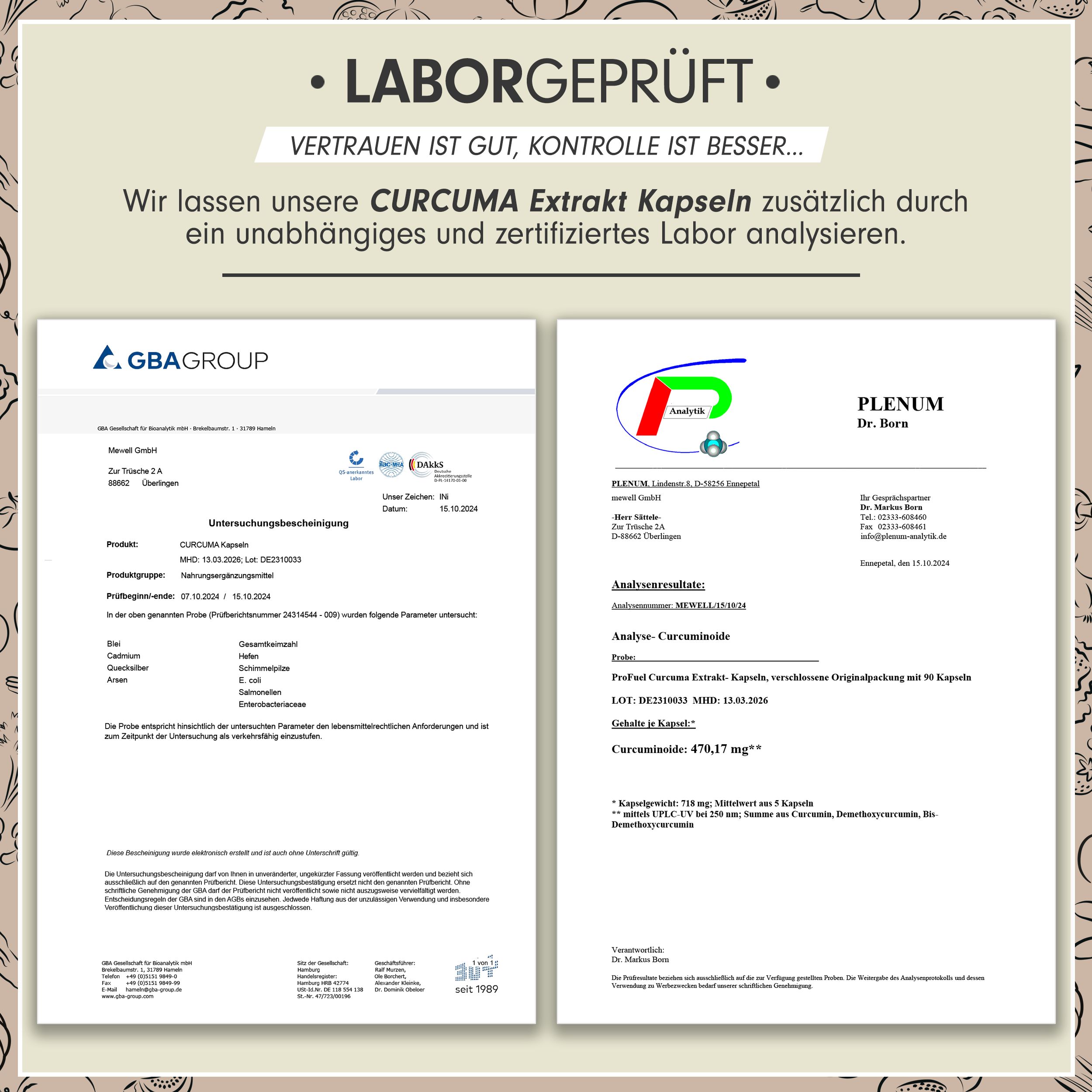 Zwei Laborzertifikate. Aufschrift: CURCUMA Extrakt Kapseln. Zertifikate von GBA Group und Plenum Dr. Boris.