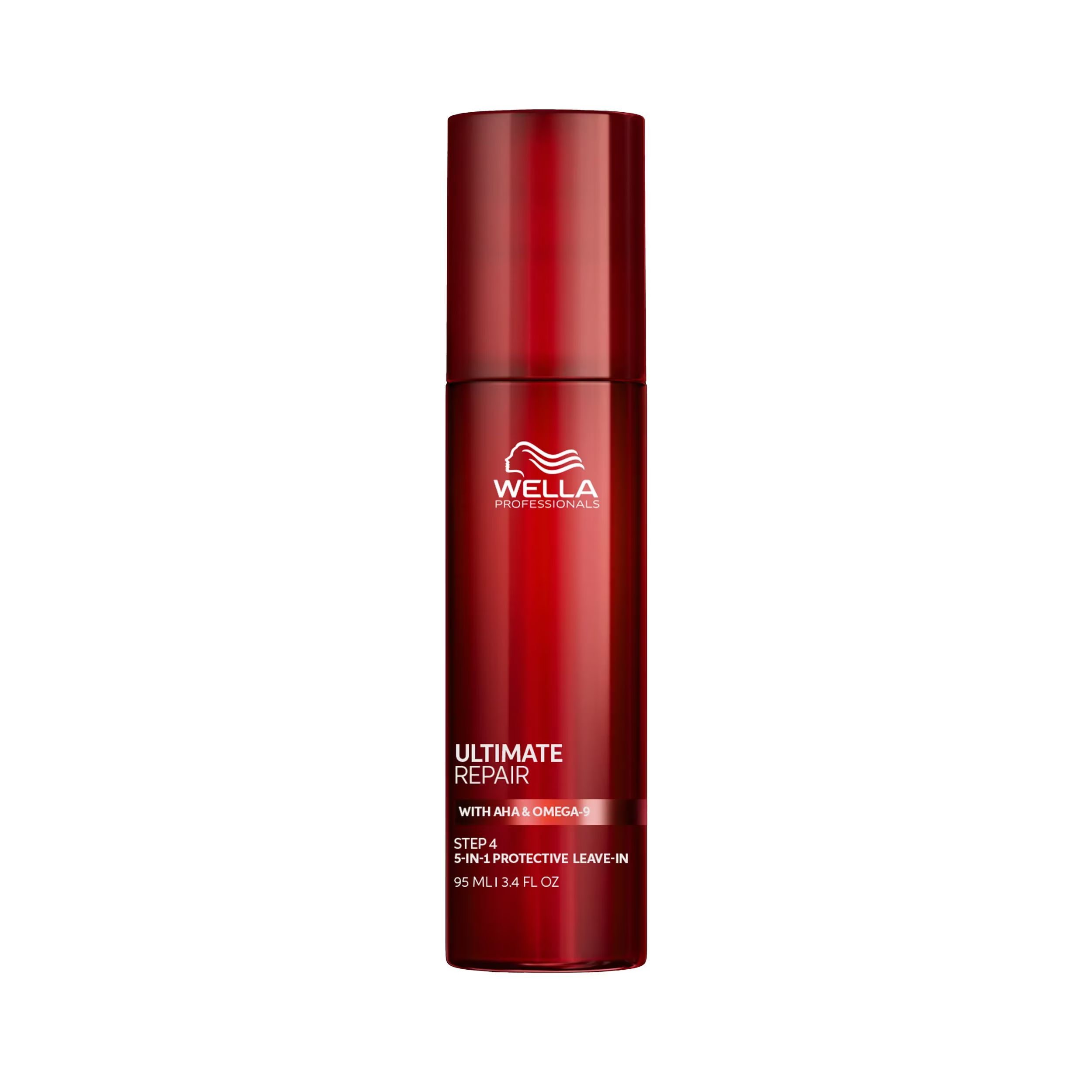 Rote Flasche. Beschriftung: Wella Professionals, Ultimate Repair, Protective Leave-In. 95 ml, 3.4 fl oz. Schwarzer Deckel.