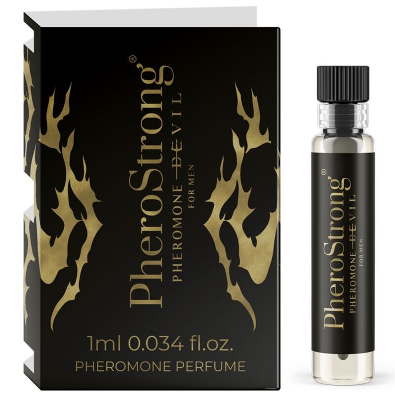 PheroStrong Pheromon Parfüm Devil für Männer, 1ml Fläschchen und Faltschachtel mit Flammen-Design.