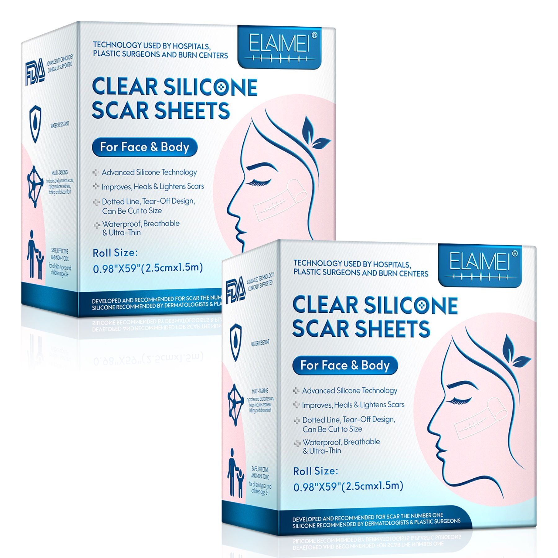 Zwei Packungen ELAIMEI Clear Silicone Scar Sheets. Weiße Kartons mit blauer Grafik und Produktinformationen. Rollengröße: 0.98"x59".