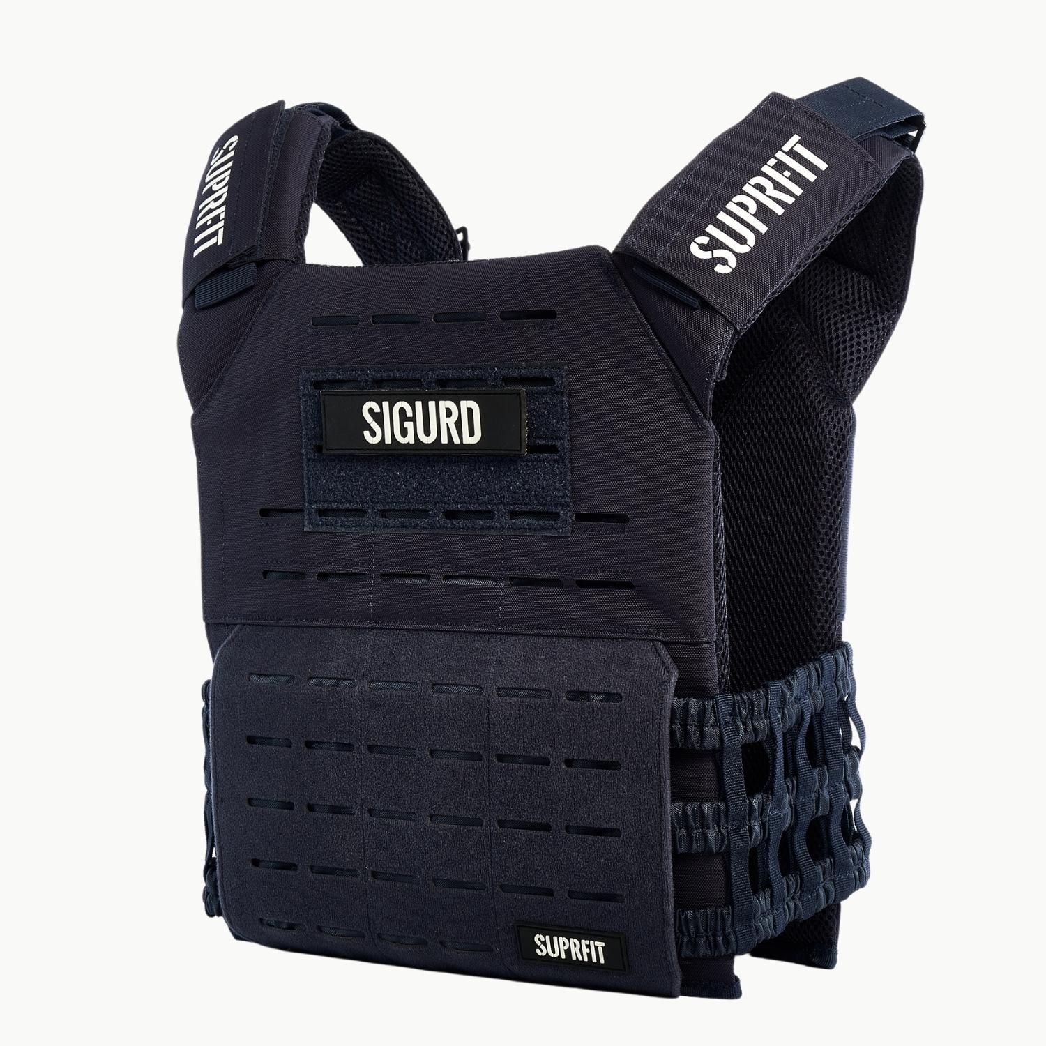 Blaue SUPRFIT Sigurd 3D Gewichtsweste. Schwarzes SUPRFIT-Logo. Aufschrift SIGURD. Mesh-Rückseite. Schultergurte.