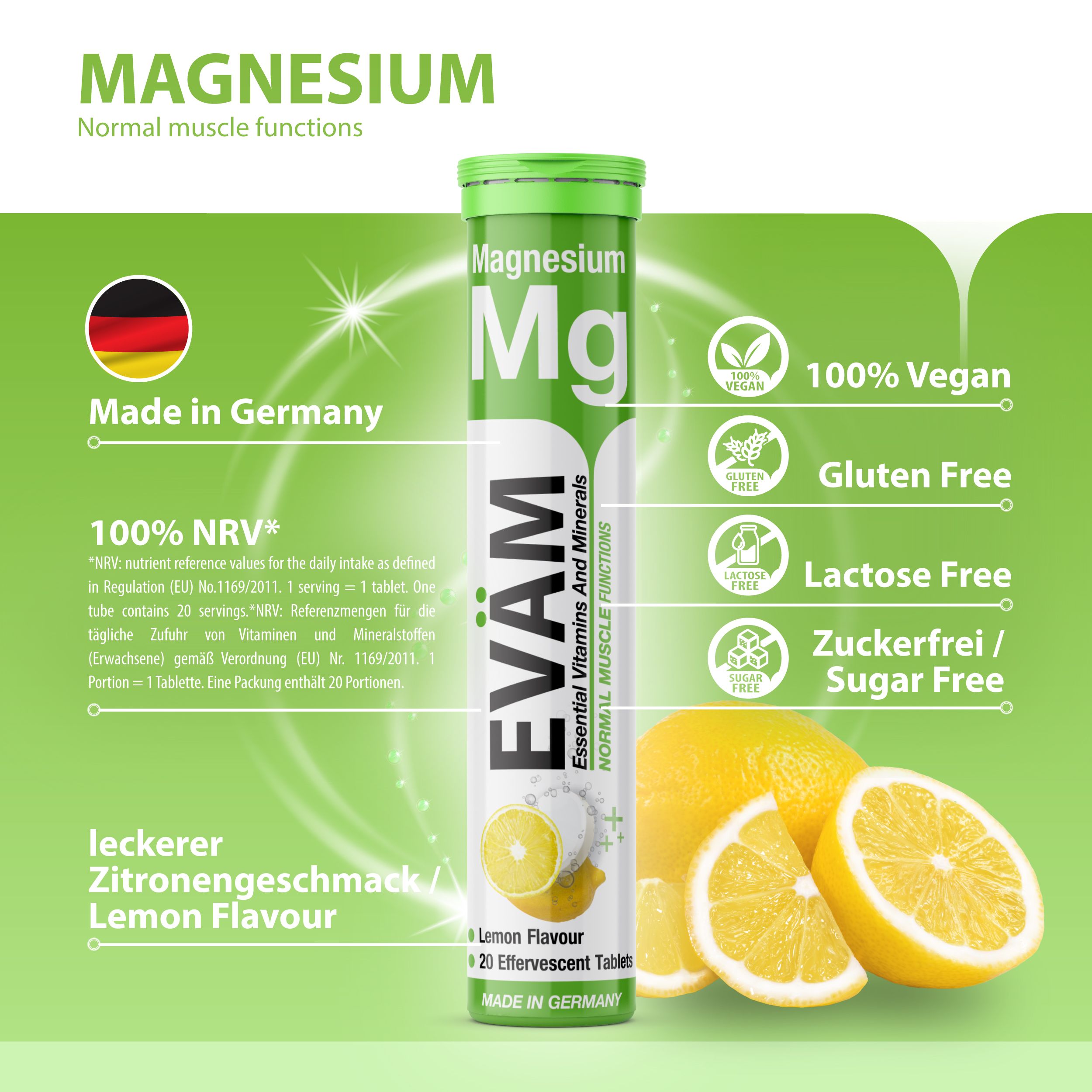 Grüne Tube mit EVÄM Magnesium Brausetabletten. Aufschrift: Lemon Flavour, 20 Brausetabletten. Vegan, glutenfrei, laktosefrei, zuckerfrei.