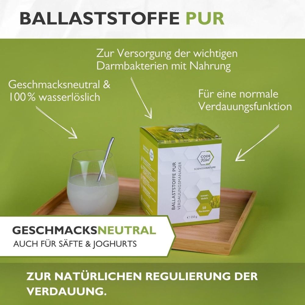 Glas mit Flüssigkeit, daneben Produktverpackung. Text: BALLASTSTOFFE PUR, VERDAUUNGSMANAGER, CODE Vital. Geschmacksneutral, auch für Säfte.