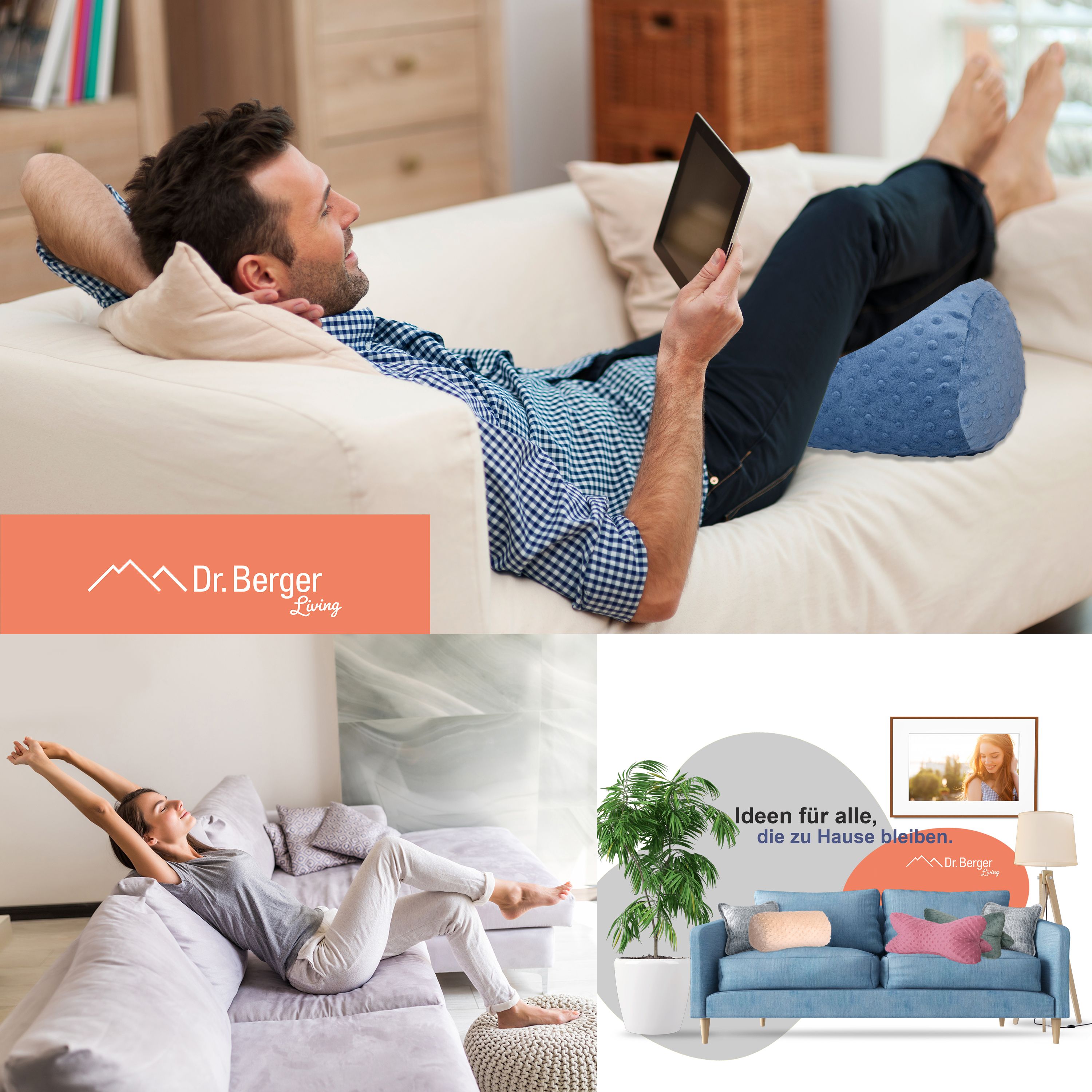 Mann auf Sofa mit Tablet und Nackenrolle. Frau dehnt sich auf Sofa. Verschiedene Wohnsituationen mit Nackenrolle.