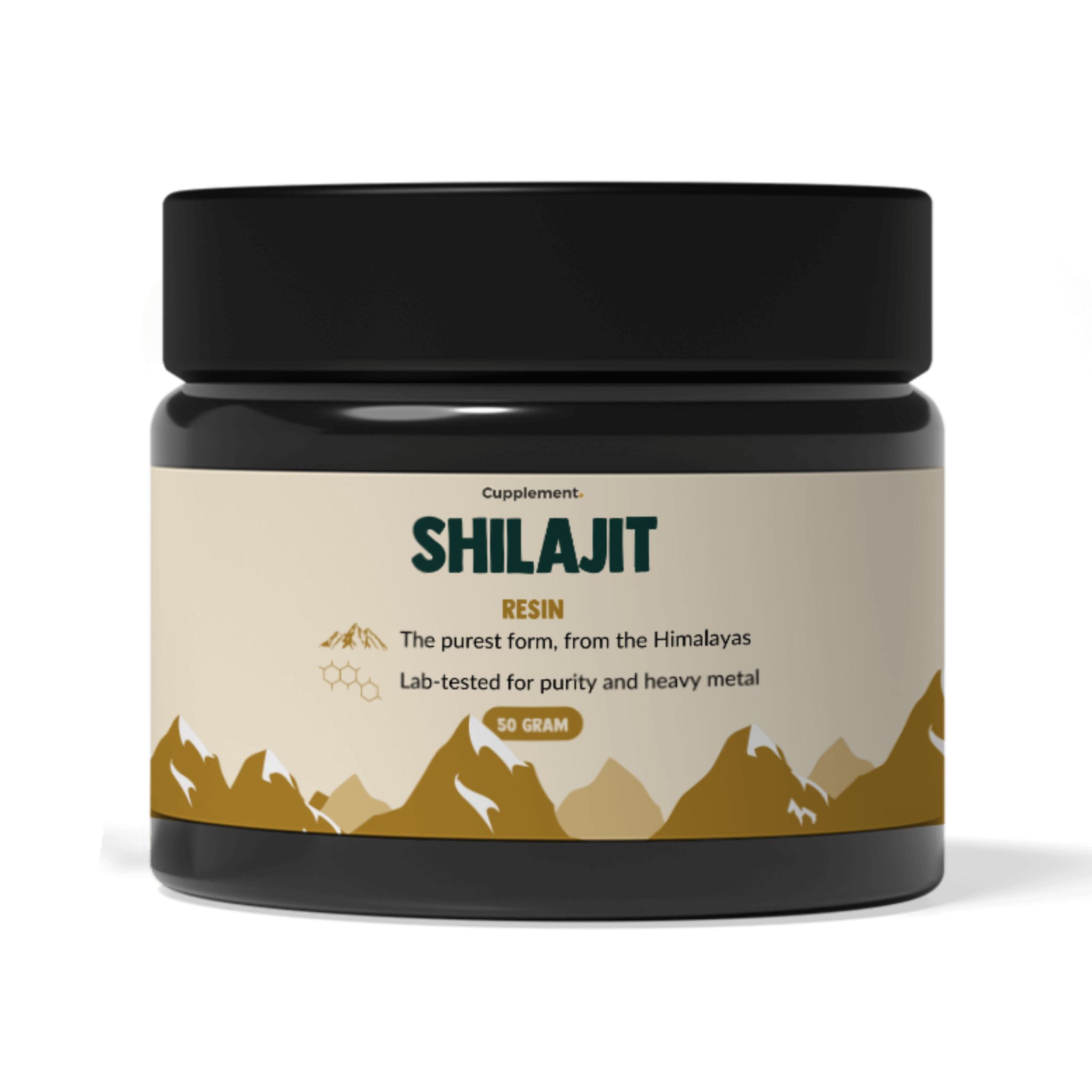 Schwarzes Glas mit Shilajit-Harz. Etikett mit Produktnamen, Inhaltsangaben und 50 Gramm. Berge-Design.