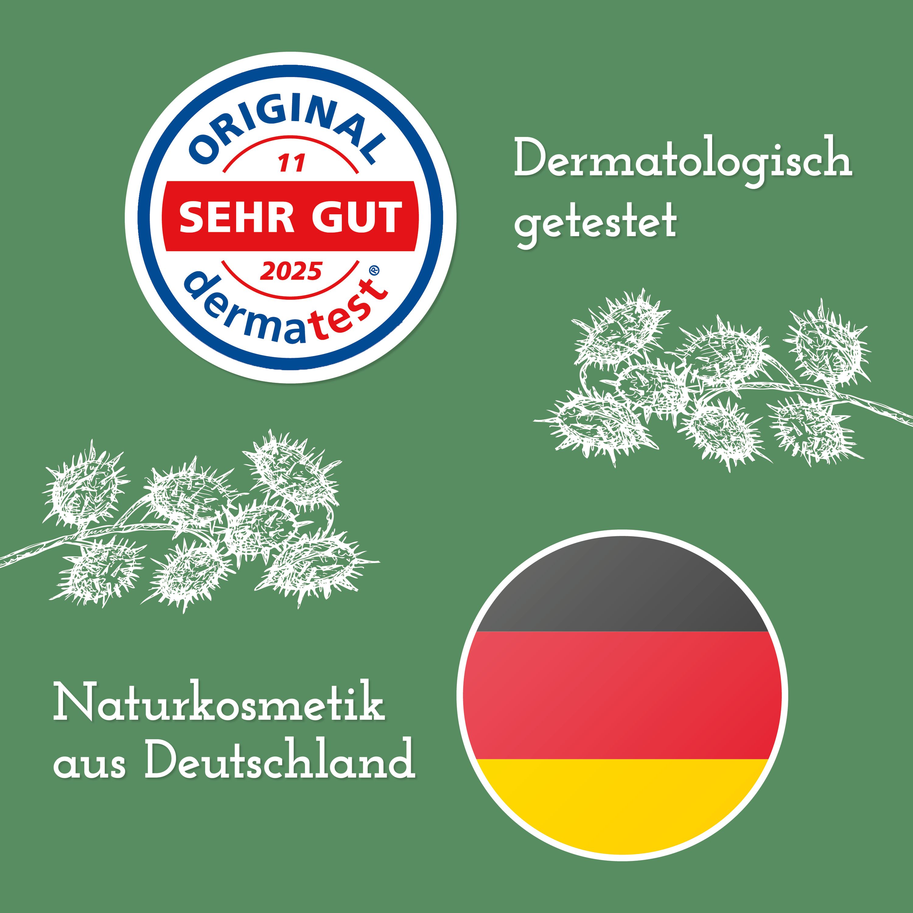 Logo Dermatest, Text: Dermatologisch getestet. Illustrationen von Pflanzen. Text: Naturkosmetik aus Deutschland.