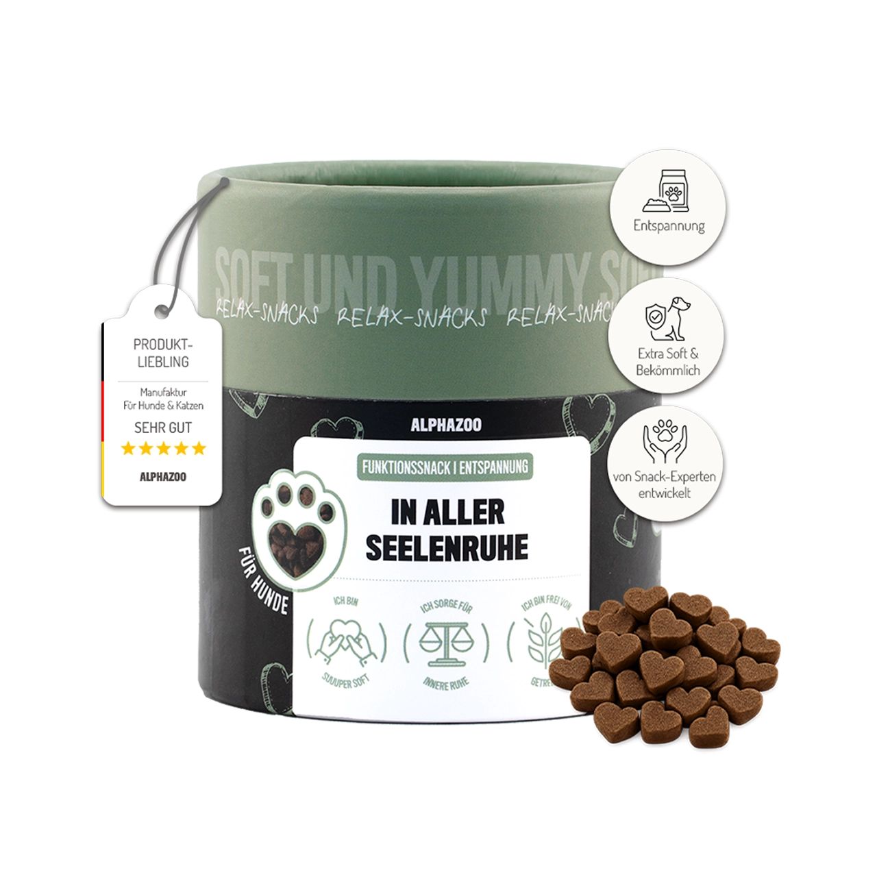 Zylinderdose mit Produkt "In Aller Seelenruhe". Herzförmige Snacks daneben. Label mit Produktbewertung.