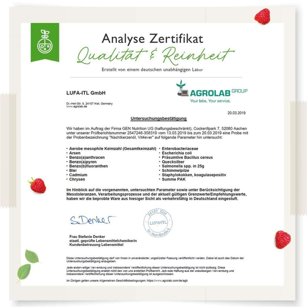 Zertifikat mit Text. Logo: Qualität & Reinheit. Unterschrift: S. Denker. Text: Analyse Zertifikat.