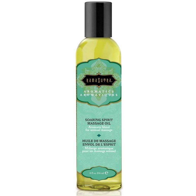 Zylindrische Flasche mit schwarzem Deckel. Türkis-farbenes Etikett mit Text: Kamasutra Aromatics, Massageöl. 236 ml.