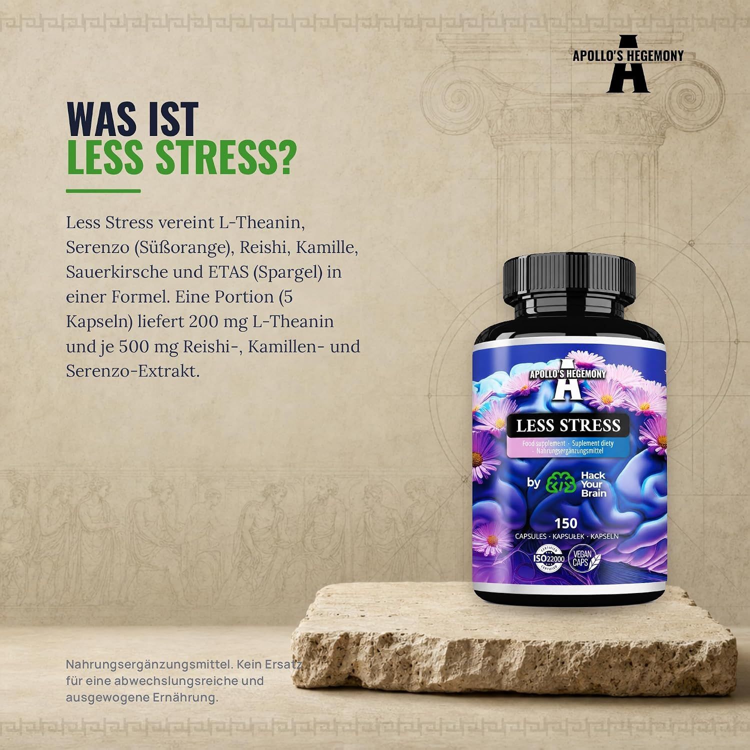 Flasche Apollo's Hegemony Weniger Stress mit detaillierten Inhaltsstoffen.